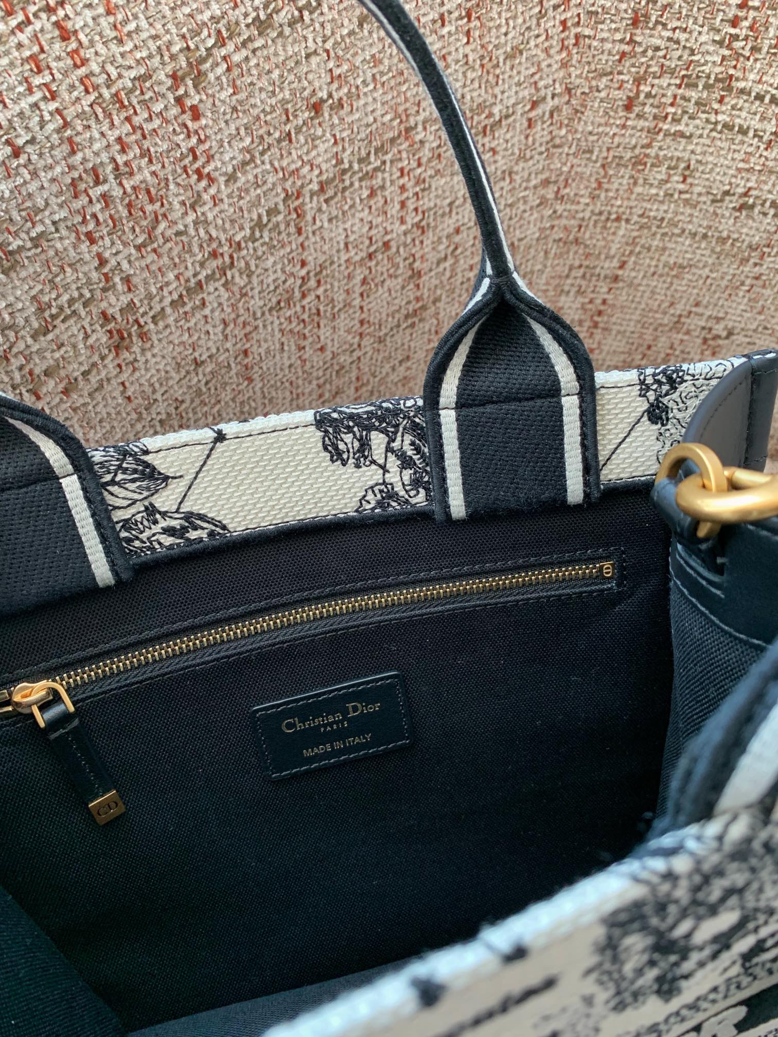 Bagsaaa Small D10r Book Tote Latte and Black D10r Zodiac Embroidery with Black Calfskin - 26.5 x 22 x 14 cm