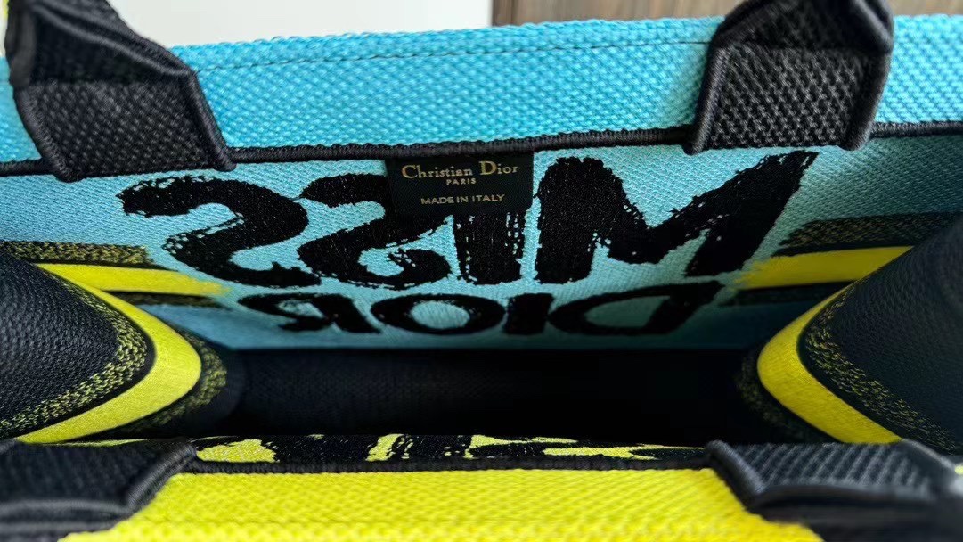 Bagsaaa Medium D10r Book Tote Two-Tone Green and Blue Miss D10r Graffiti Embroidery - 36 x 27.5 x 16.5 cm
