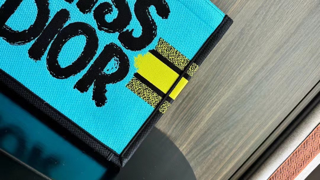Bagsaaa Medium D10r Book Tote Two-Tone Green and Blue Miss D10r Graffiti Embroidery - 36 x 27.5 x 16.5 cm
