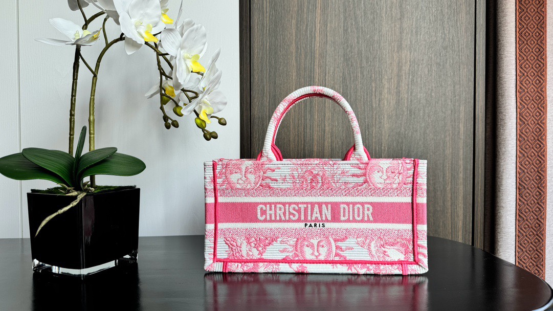 Bagsaaa D10riviera East-West D10r Book Tote Candy Pink Toile de Jouy Soleil Embroidery - 27 x 14 x 10 cm