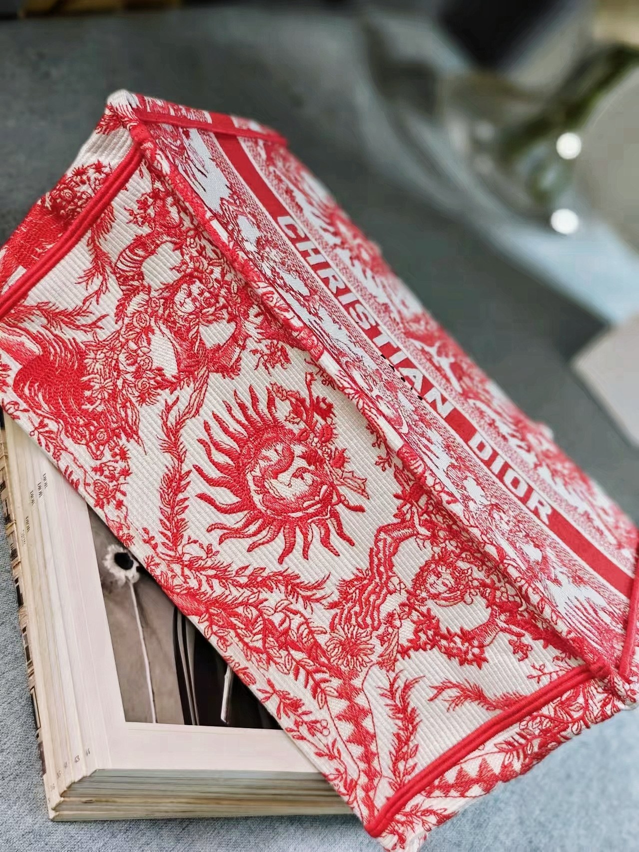 Bagsaaa Medium D10riviera D10r Book Tote Coral Toile de Jouy Soleil Embroidery - 36 x 27.5 x 16.5 cm