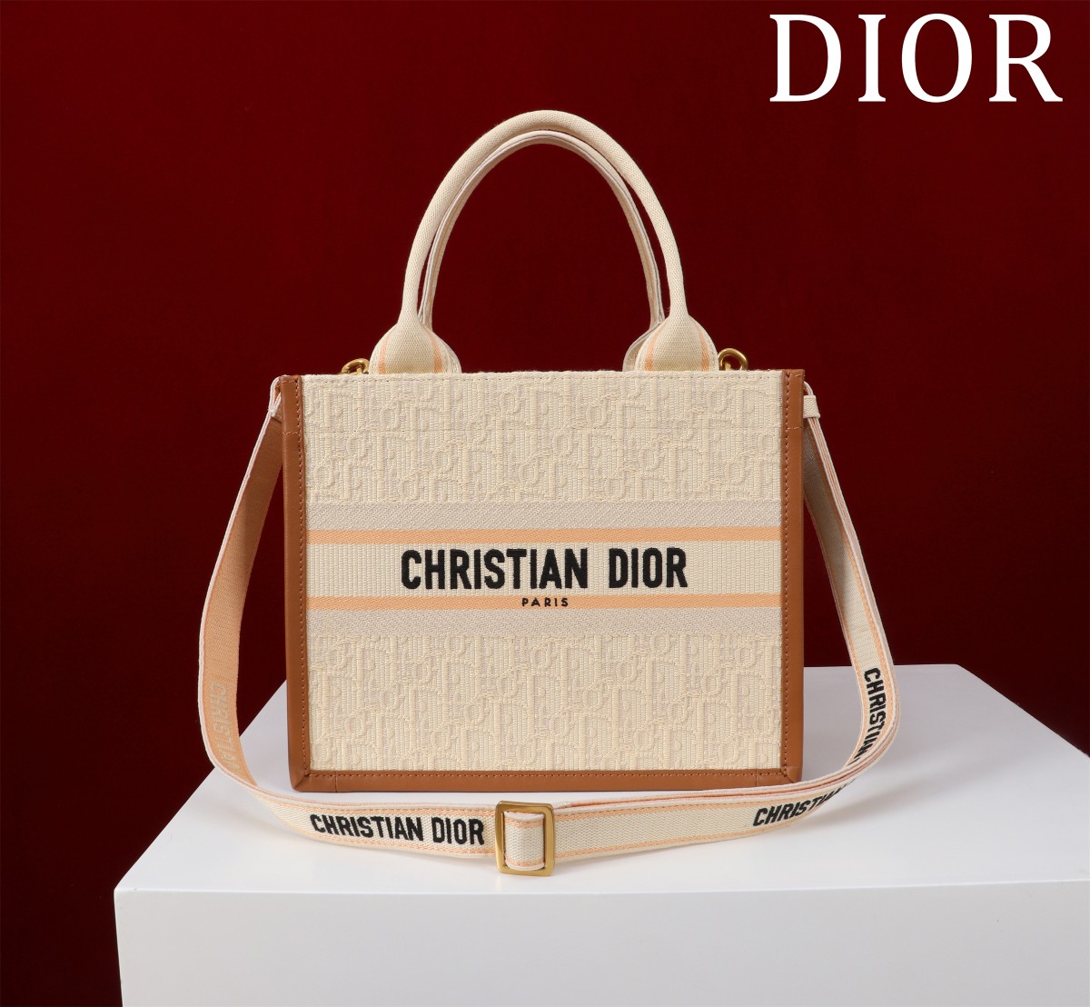 Bagsaaa Small D10r Book Tote Beige D10r Oblique Embroidered Raffia and Camel Calfskin - 26.5 x 22 x 14 cm