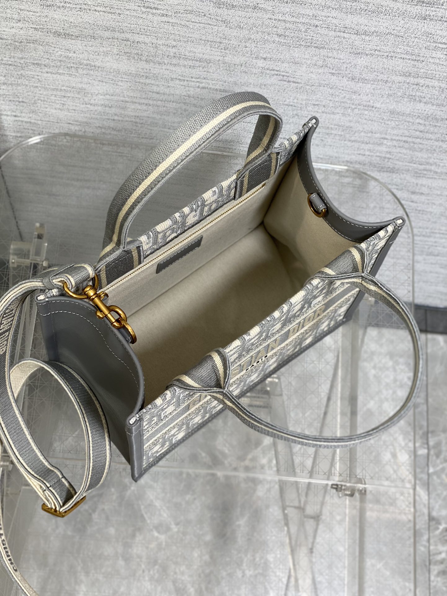 Bagsaaa Small D10r Book Tote Gray D10r Oblique Embroidery and Calfskin - 26.5 x 22 x 14 cm