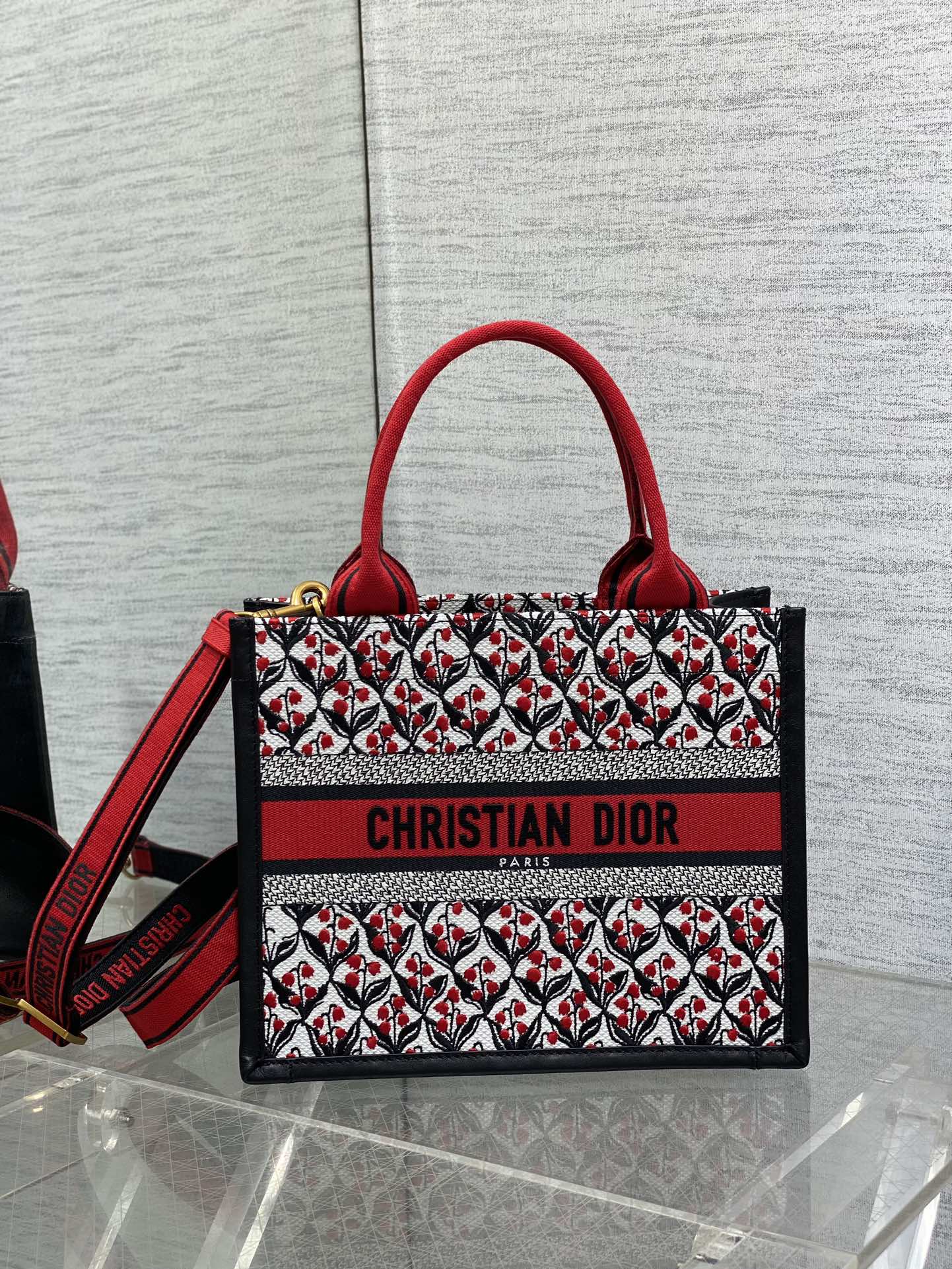 Bagsaaa D10ramour Small D10r Book Tote Red D10r Lily of the Valley Embroidery with Black Calfskin - 26.5 x 22 x 14 cm