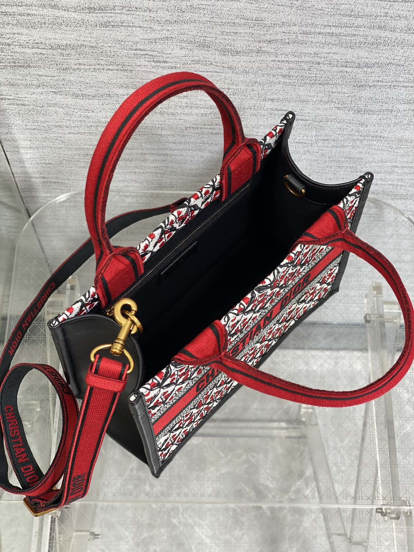 Bagsaaa D10ramour Small D10r Book Tote Red D10r Lily of the Valley Embroidery with Black Calfskin - 26.5 x 22 x 14 cm