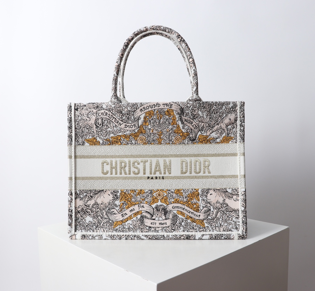 Bagsaaa Medium D10r Book Tote Latte Embroidery with Gold-Tone D10r Around the World Motif - 36 x 27.5 x 16.5 cm