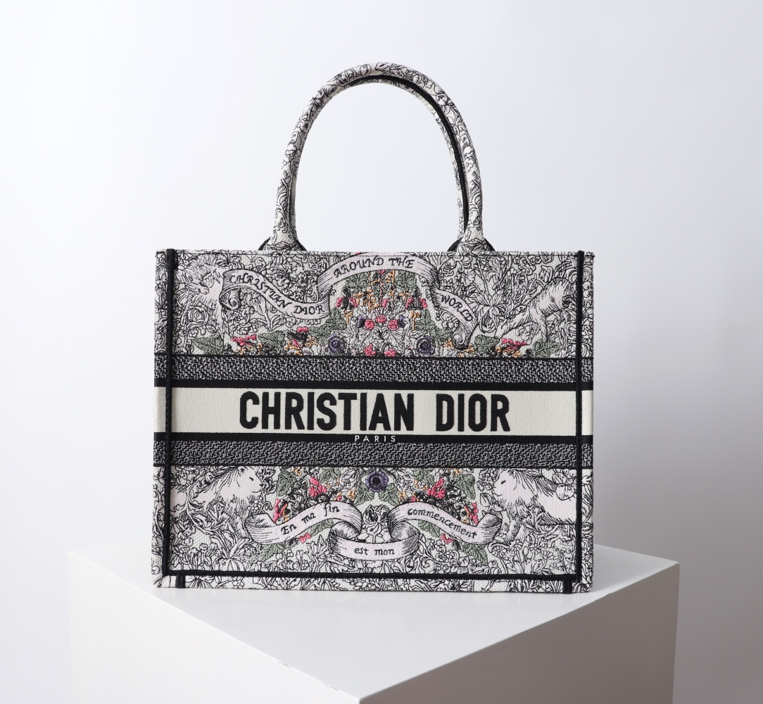 Bagsaaa Medium D10r Book Tote Latte Embroidery with Multicolor D10r Around the World Motif - 36 x 27.5 x 16.5 cm