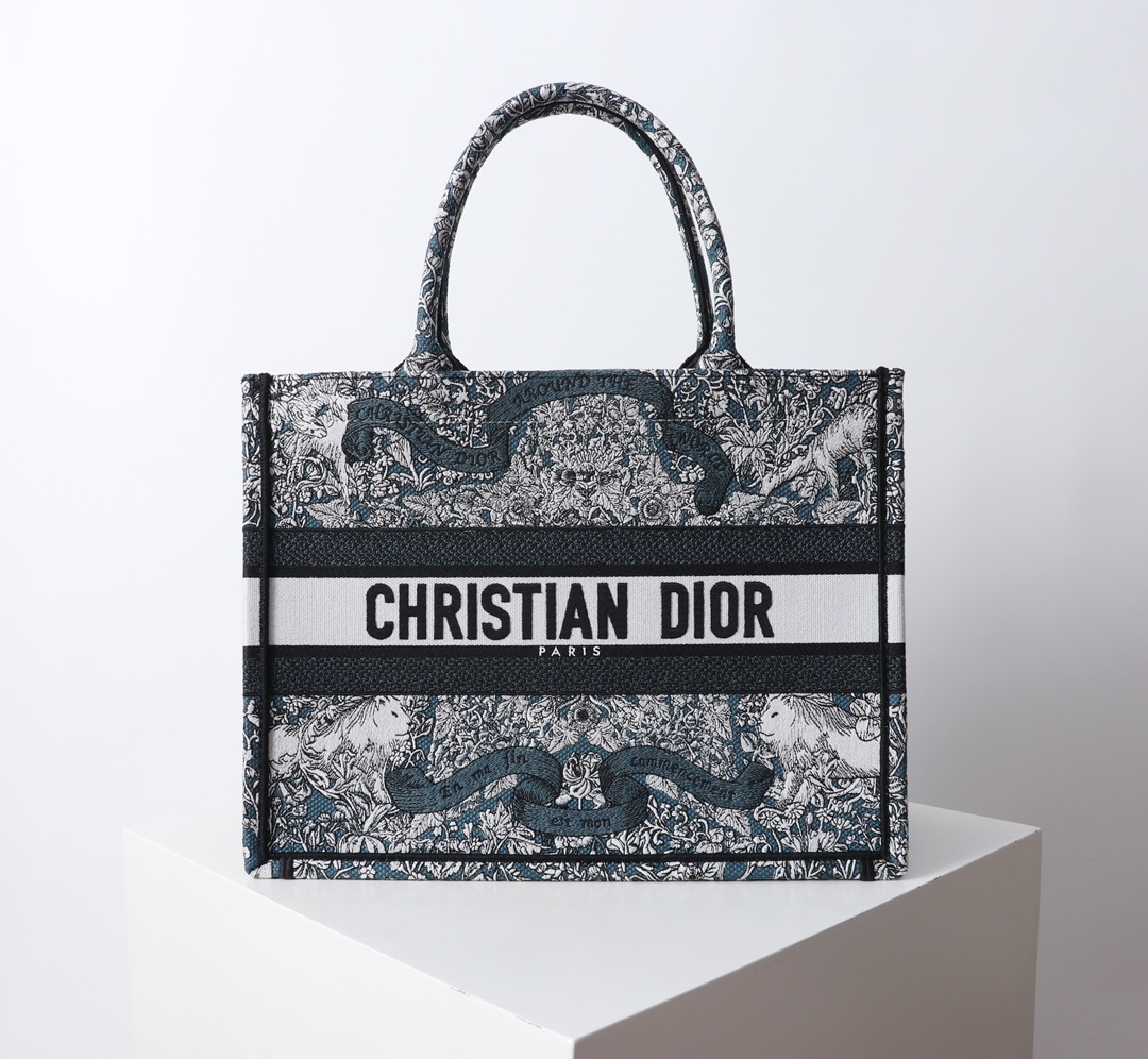Bagsaaa Medium D10r Book Tote Blue Embroidery with White D10r Around the World Motif - 36 x 27.5 x 16.5 cm