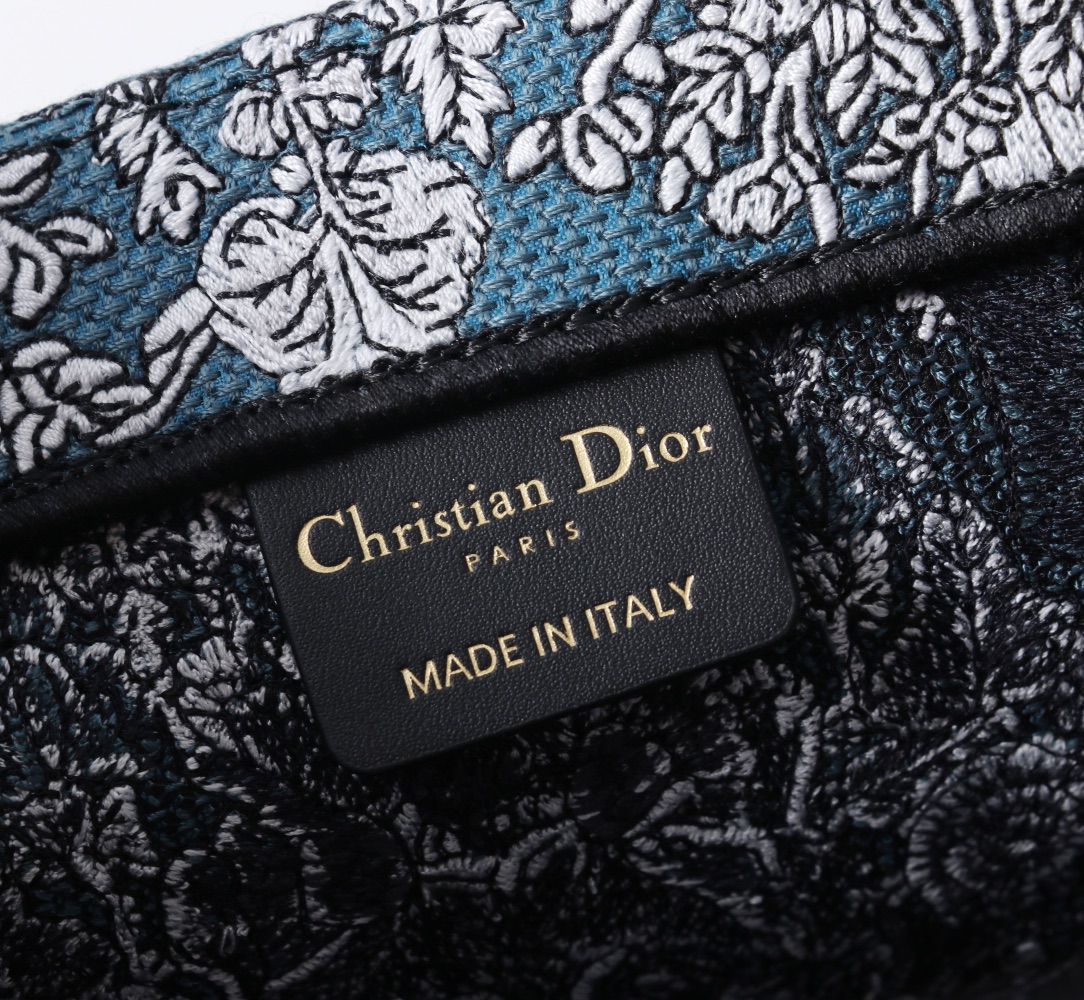 Bagsaaa Medium D10r Book Tote Blue Embroidery with White D10r Around the World Motif - 36 x 27.5 x 16.5 cm