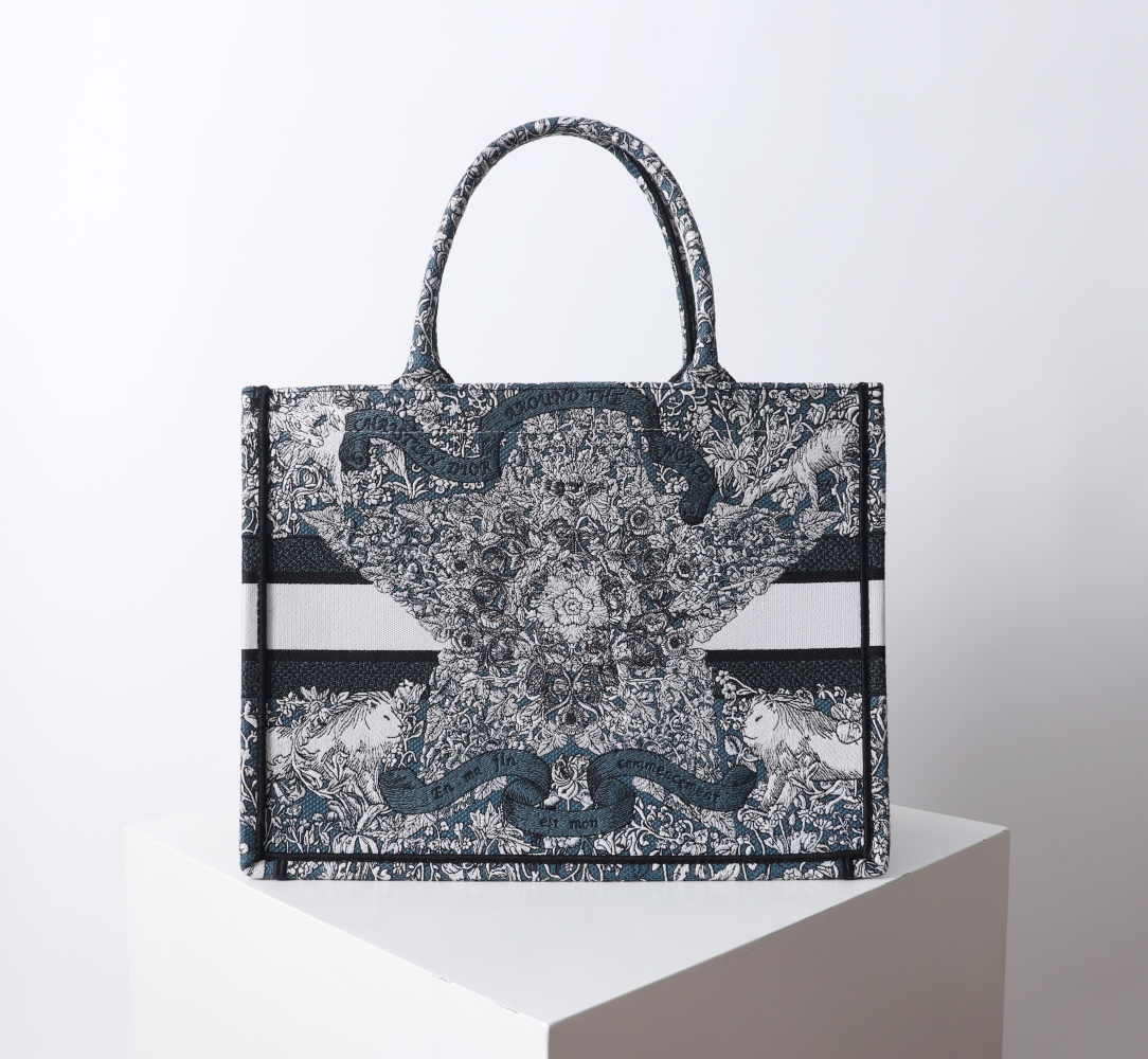 Bagsaaa Medium D10r Book Tote Blue Embroidery with White D10r Around the World Motif - 36 x 27.5 x 16.5 cm