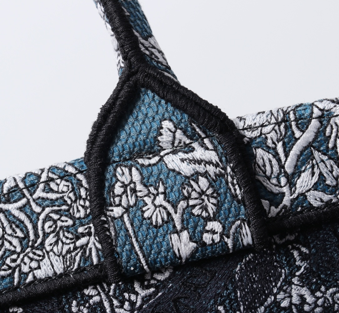Bagsaaa Medium D10r Book Tote Blue Embroidery with White D10r Around the World Motif - 36 x 27.5 x 16.5 cm
