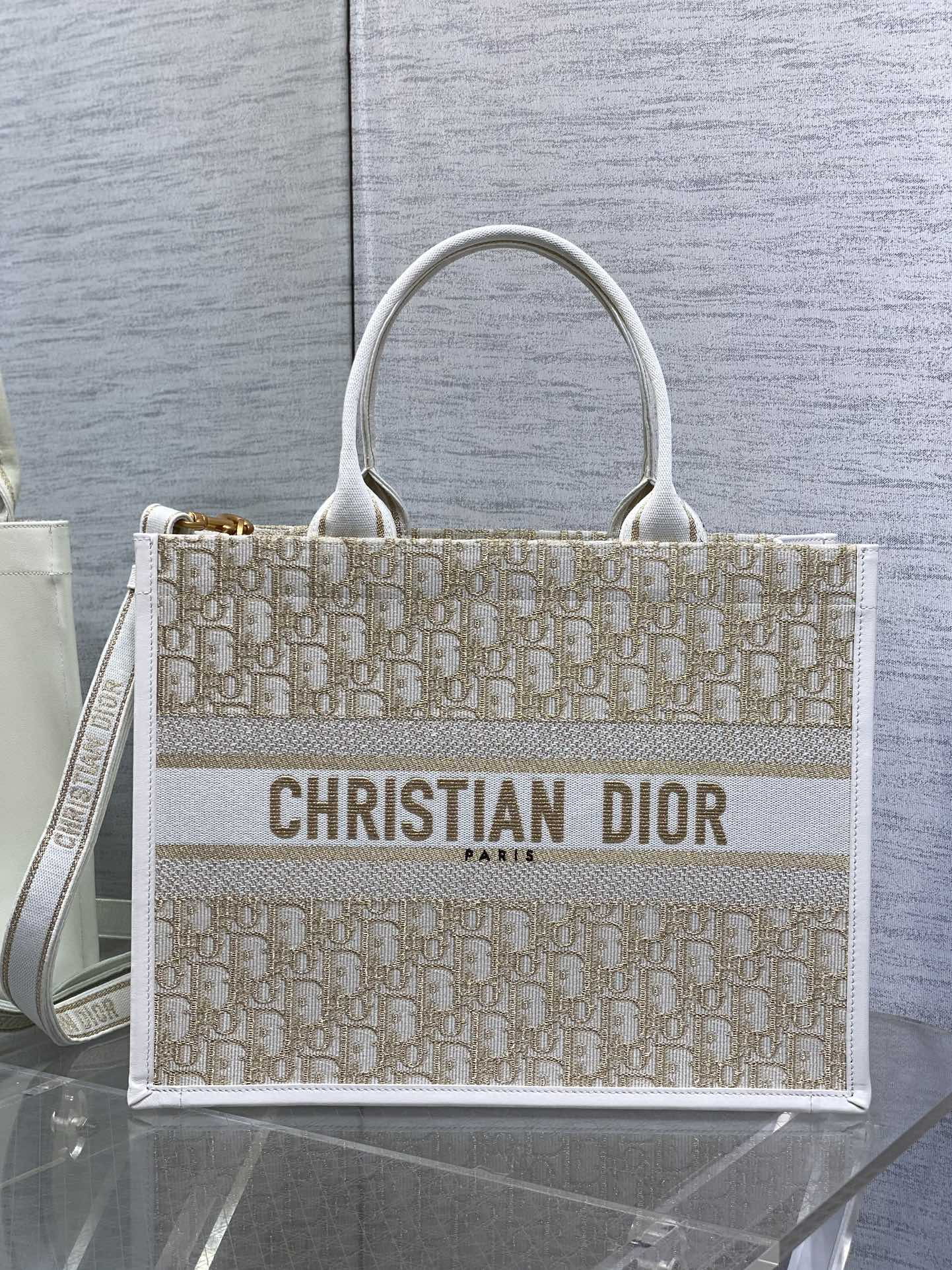 Bagsaaa Medium D10r Book Tote D10r Oblique Embroidery with Gold-Tone Metallic Thread and Latte Calfskin - 36.5 x 28 x 16.5 cm