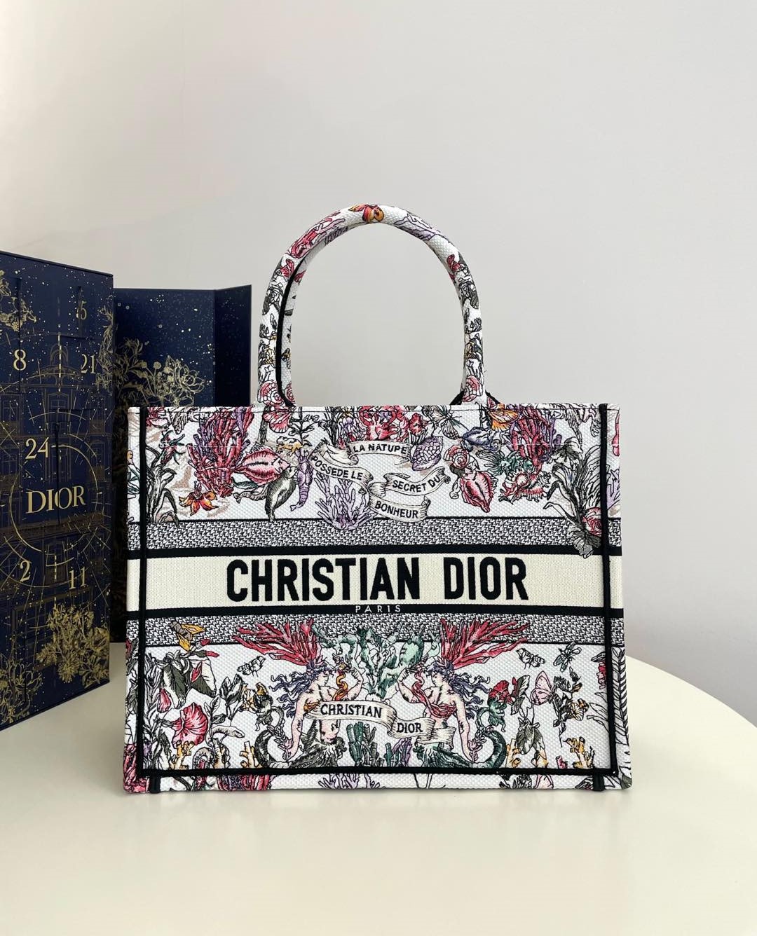 Bagsaaa Medium D10r Book Tote Latte Embroidery with Multicolor D10r Cabinet de la Mer Motif - 36 x 27.5 x 16.5 cm