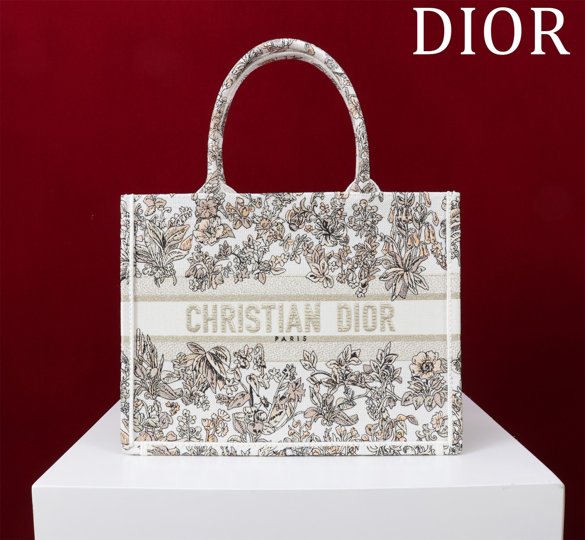 Bagsaaa Medium D10r Book Tote Latte Embroidery with Gold-Tone Millefiori Unicorn Motif - 36 x 27.5 x 16.5 cm