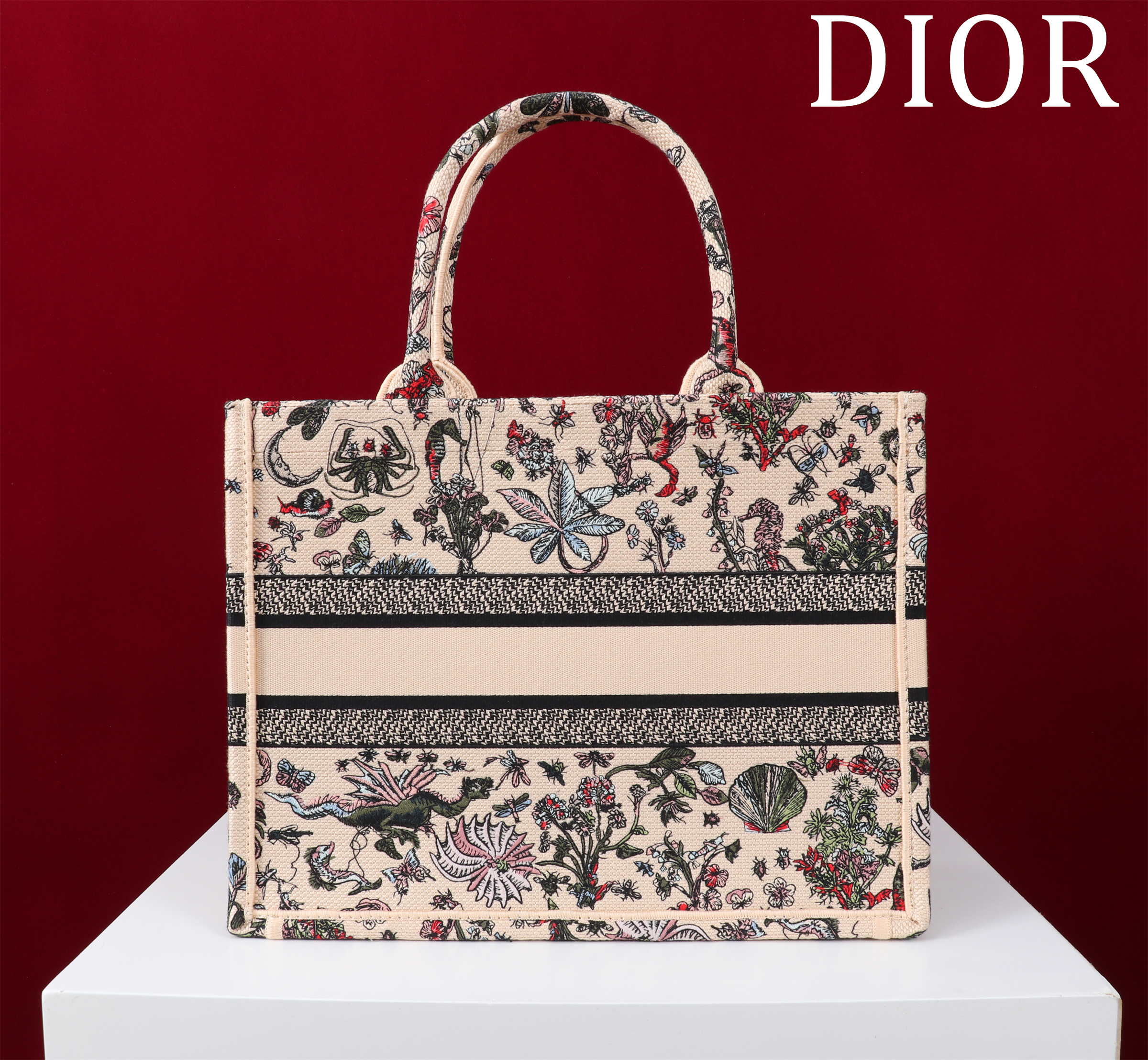 Bagsaaa Medium D10r Book Tote Beige Raffia Embroidered with Multicolor D10r Cabinet de Curiosités Motif - 36 x 27.5 x 16.5 cm