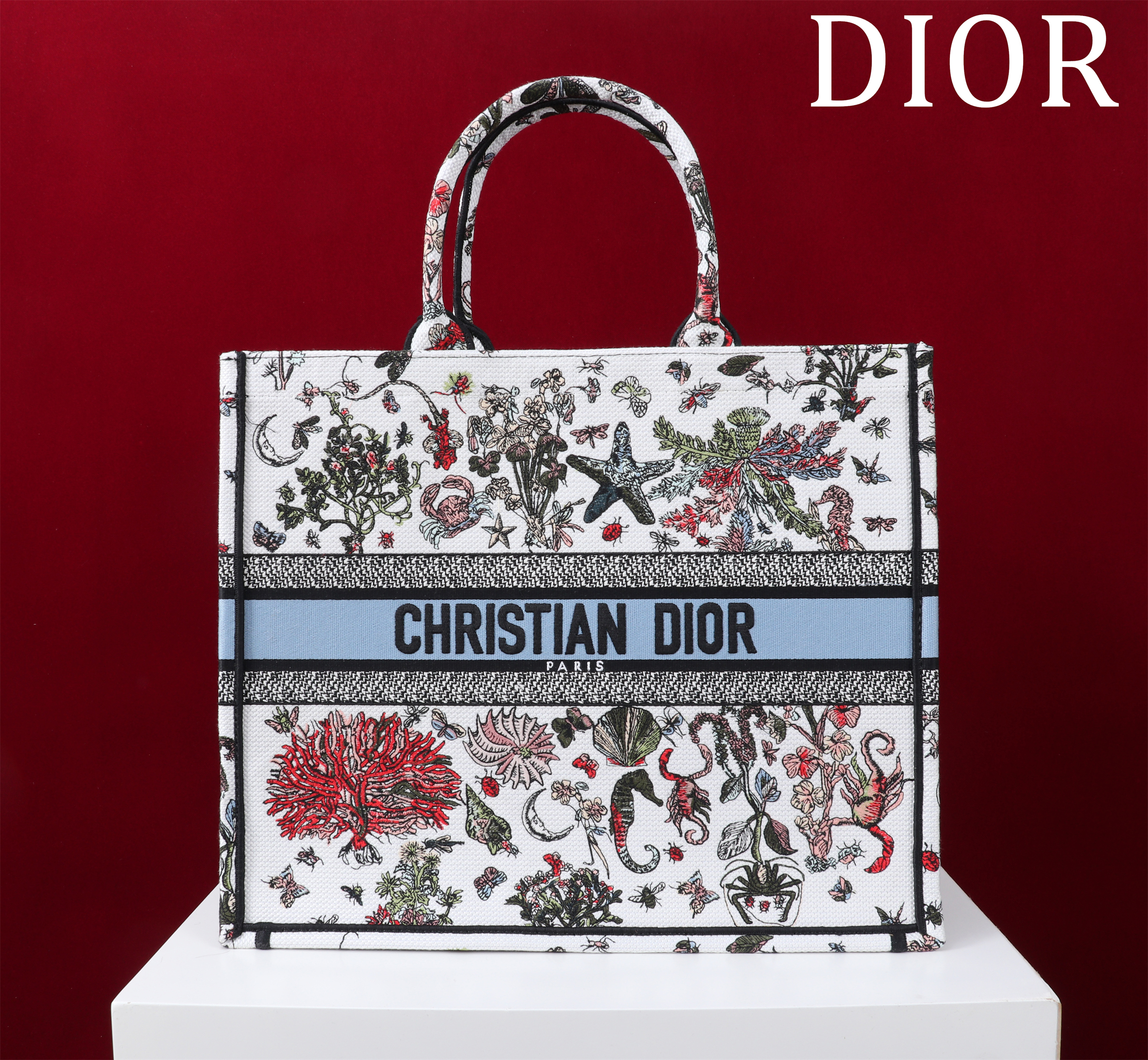 Bagsaaa Large D10r Book Tote Latte Embroidery with Multicolor D10r Cabinet de Curiosités Motif - 42 x 35 x 18.5 cm