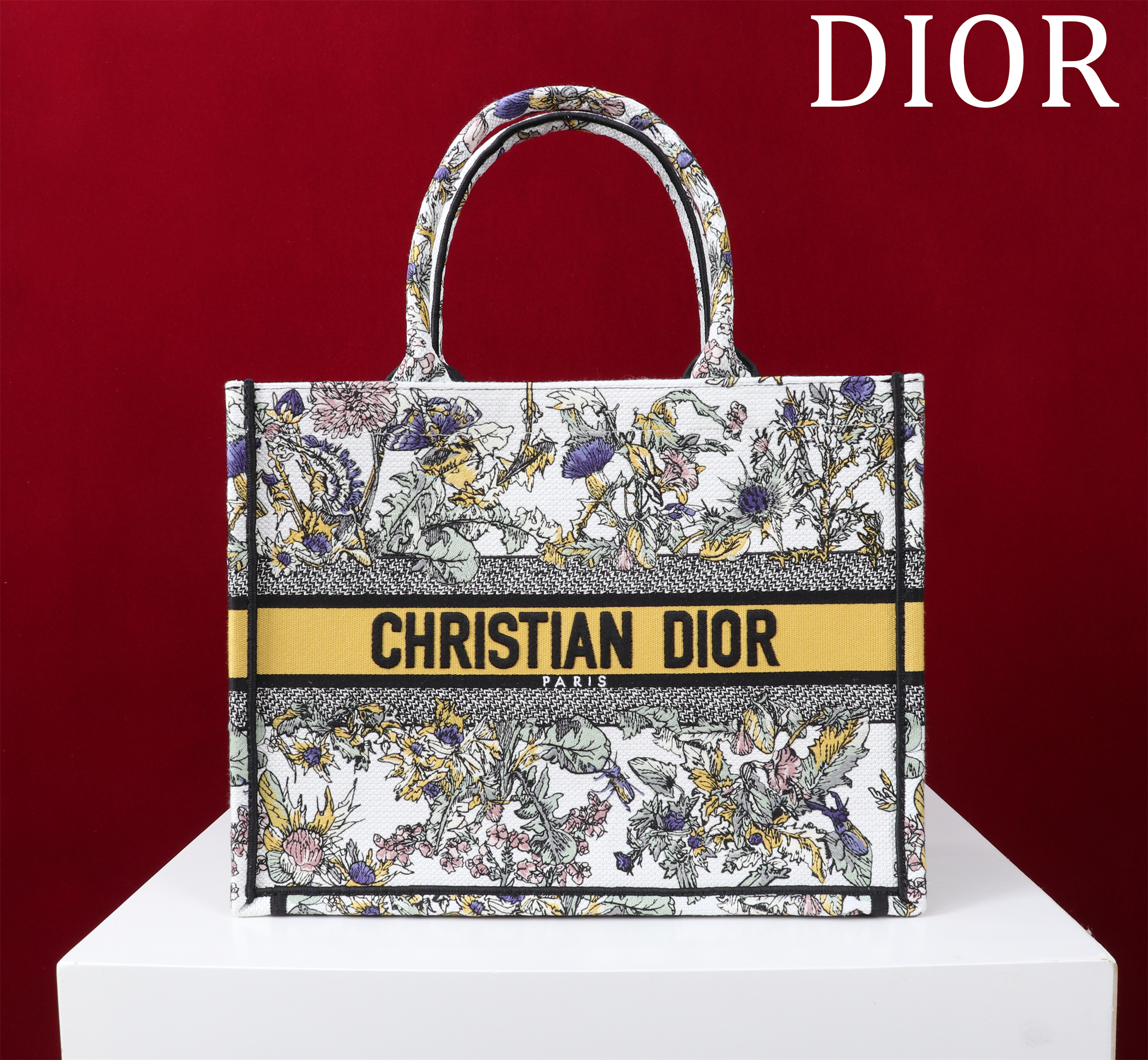 Bagsaaa Medium D10r Book Tote Latte Embroidery with Yellow Multicolor D10r Chardons Motif - 36 x 27.5 x 16.5 cm
