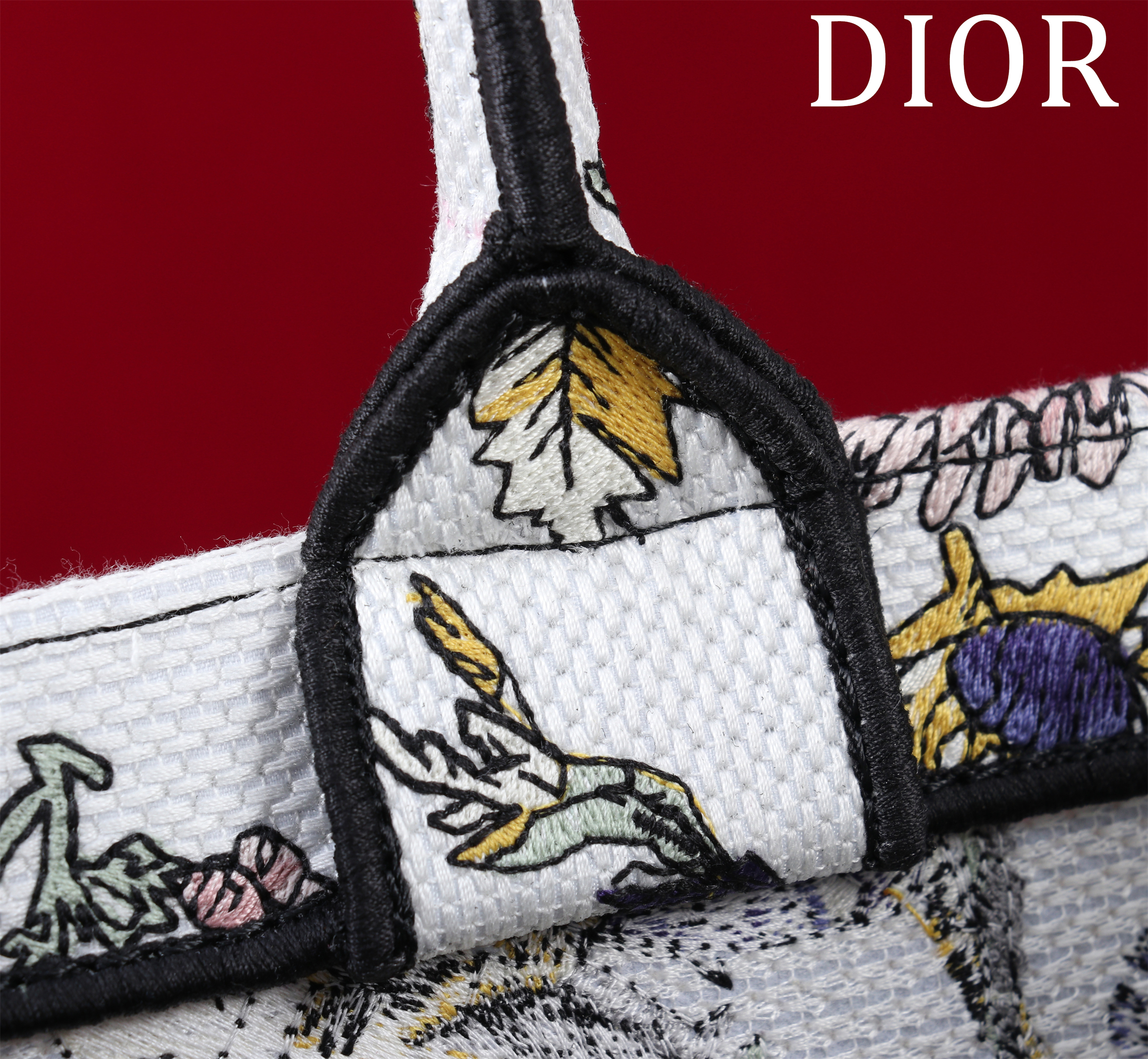 Bagsaaa Medium D10r Book Tote Latte Embroidery with Yellow Multicolor D10r Chardons Motif - 36 x 27.5 x 16.5 cm