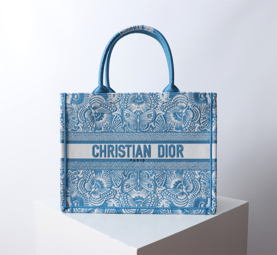 Bagsaaa Medium D10r Book Tote Celestial Blue and White D-Butterfly Paisley Embroidery - 36 x 27.5 x 16.5 cm