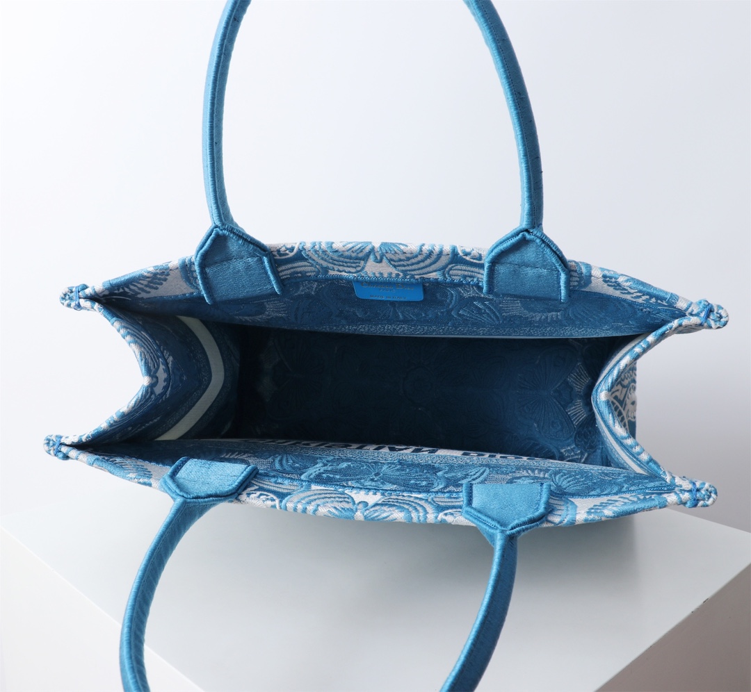 Bagsaaa Medium D10r Book Tote Celestial Blue and White D-Butterfly Paisley Embroidery - 36 x 27.5 x 16.5 cm