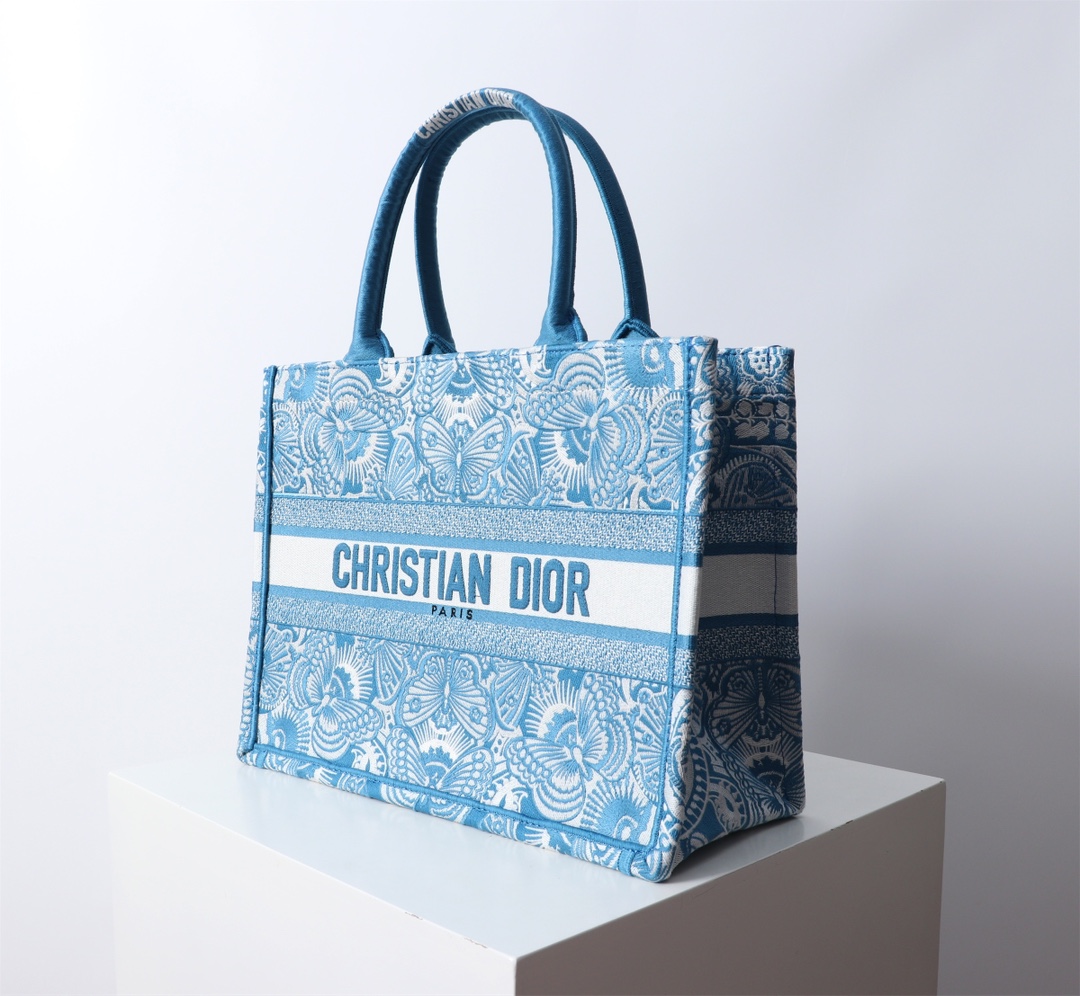 Bagsaaa Medium D10r Book Tote Celestial Blue and White D-Butterfly Paisley Embroidery - 36 x 27.5 x 16.5 cm