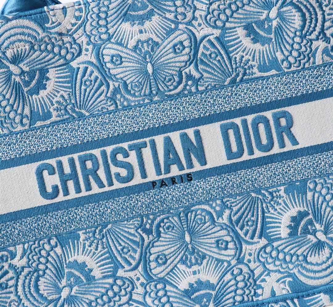 Bagsaaa Medium D10r Book Tote Celestial Blue and White D-Butterfly Paisley Embroidery - 36 x 27.5 x 16.5 cm