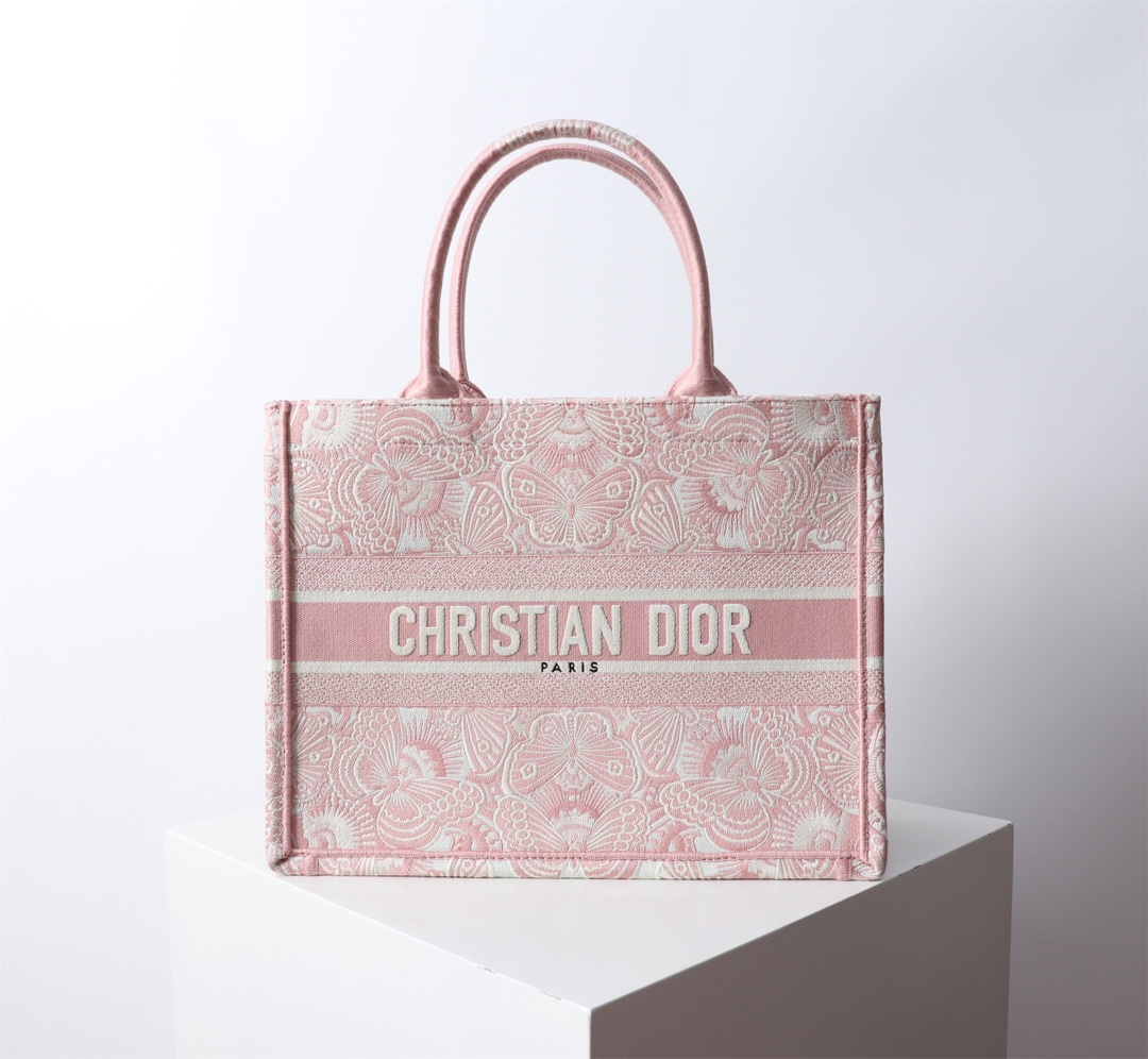 Bagsaaa Medium D10r Book Tote Peach Blossom Pink and White D-Butterfly Paisley Embroidery - 36 x 27.5 x 16.5 cm