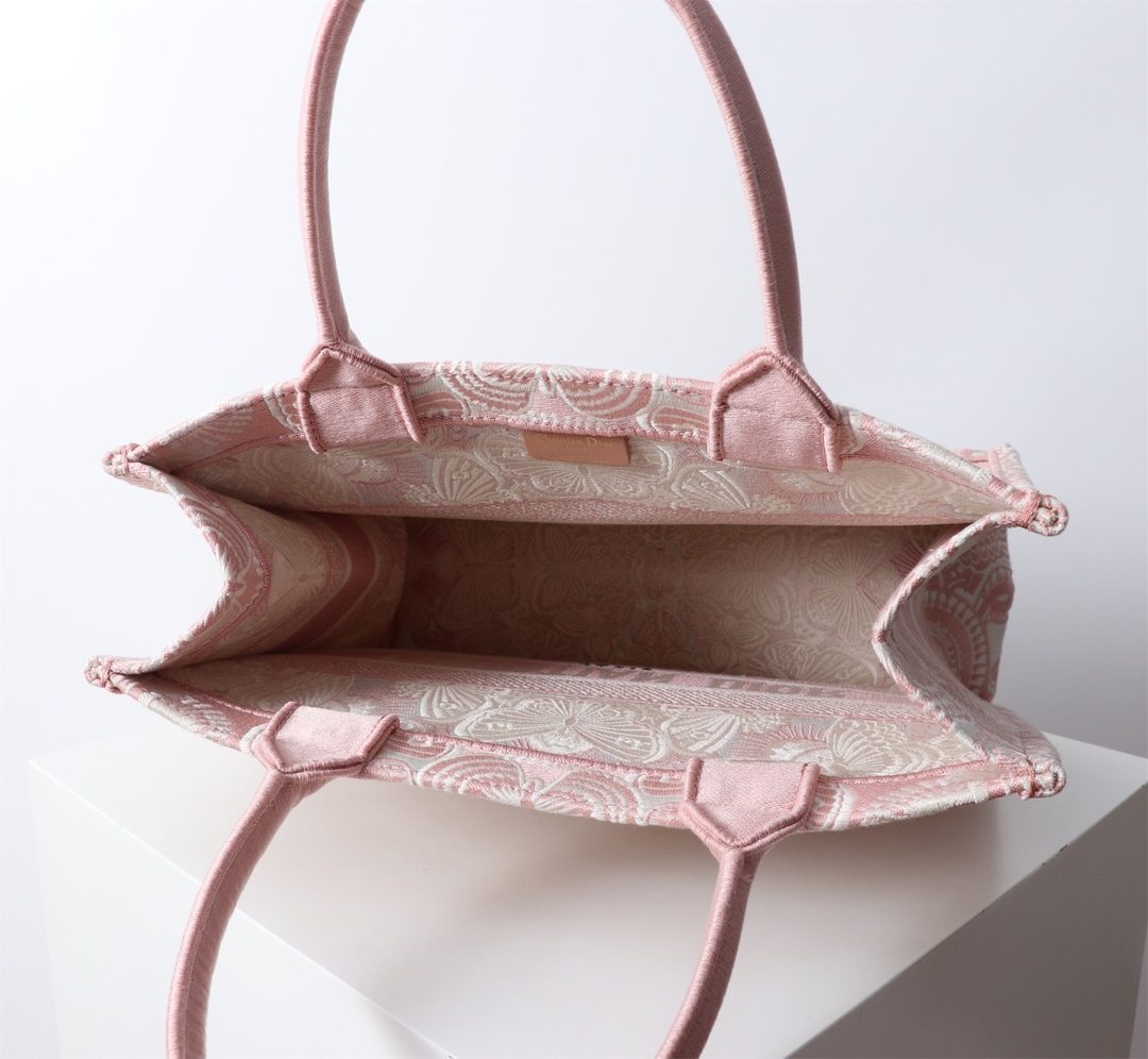 Bagsaaa Medium D10r Book Tote Peach Blossom Pink and White D-Butterfly Paisley Embroidery - 36 x 27.5 x 16.5 cm