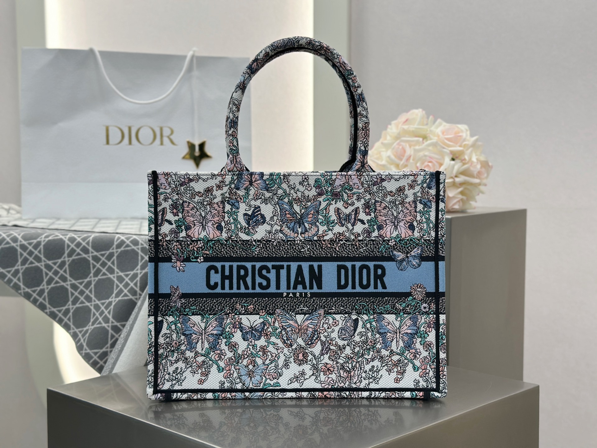 Bagsaaa Medium D10r Book Tote White and Blue Toile de Jouy Papillon Embroidery - 36 x 27.5 x 16.5 cm