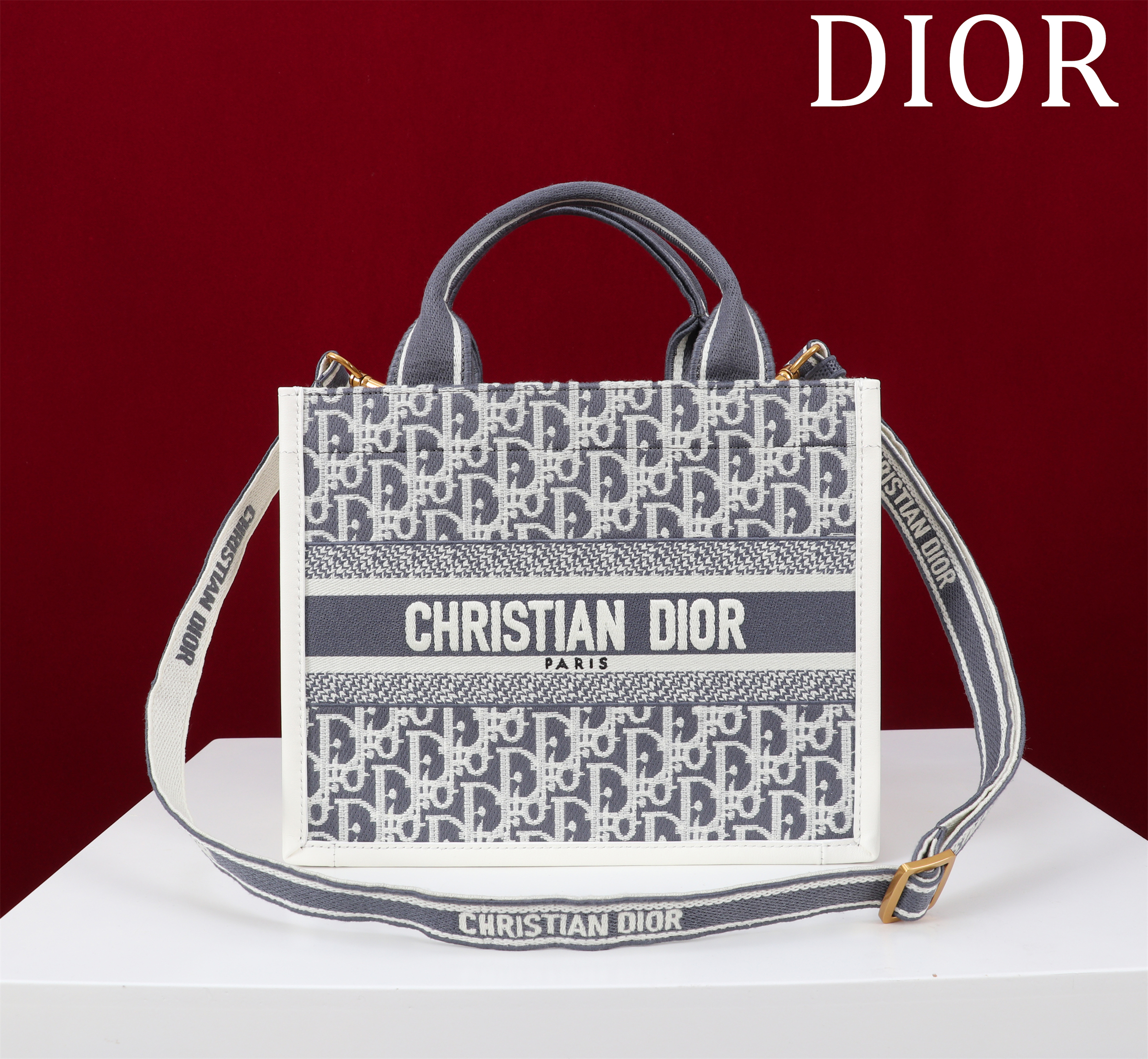 Bagsaaa Small D10r Book Tote Blue D10r Oblique Chambray Embroidery and Latte Calfskin - 26.5 x 22 x 14 cm