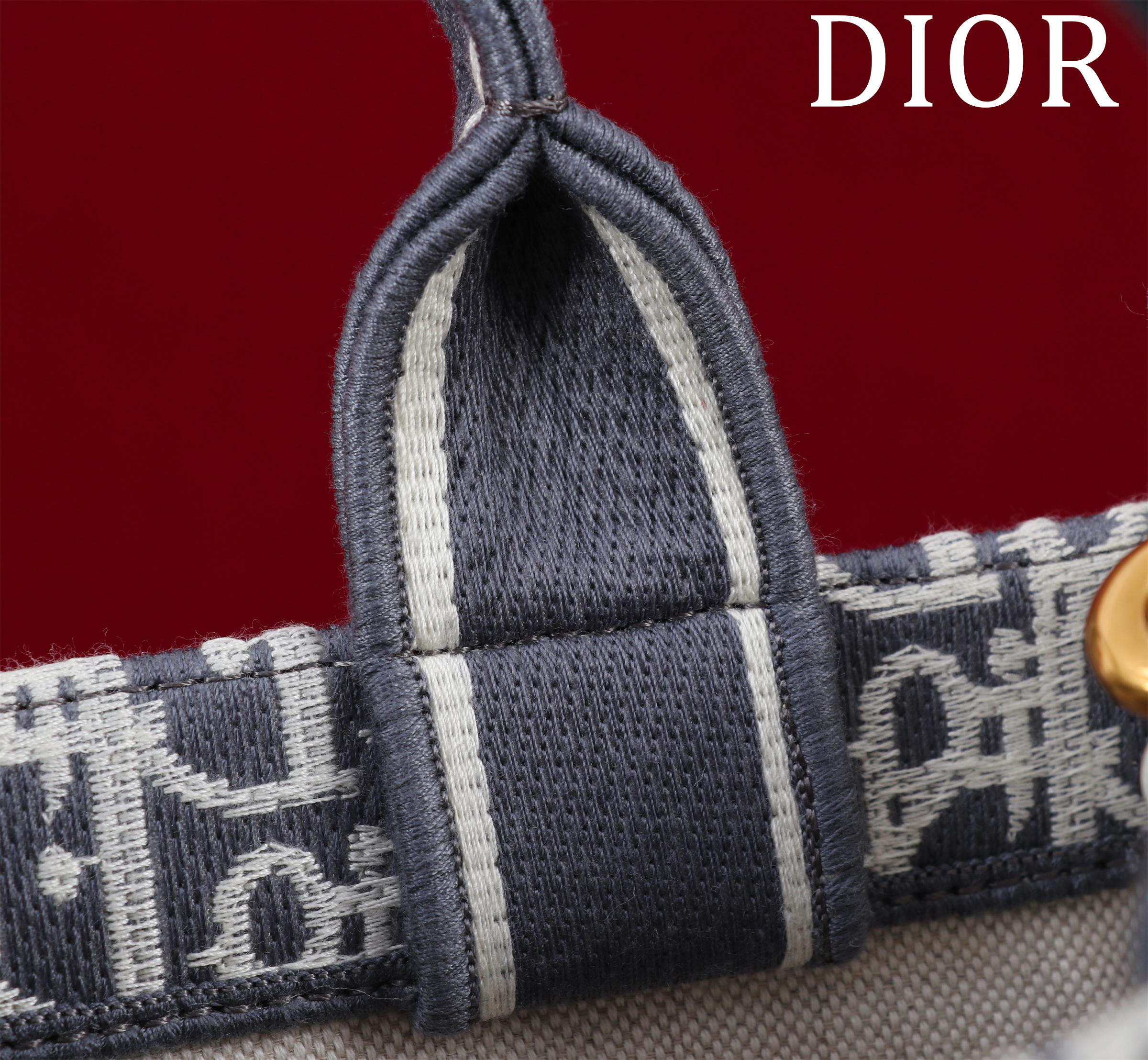 Bagsaaa Small D10r Book Tote Blue D10r Oblique Chambray Embroidery and Latte Calfskin - 26.5 x 22 x 14 cm