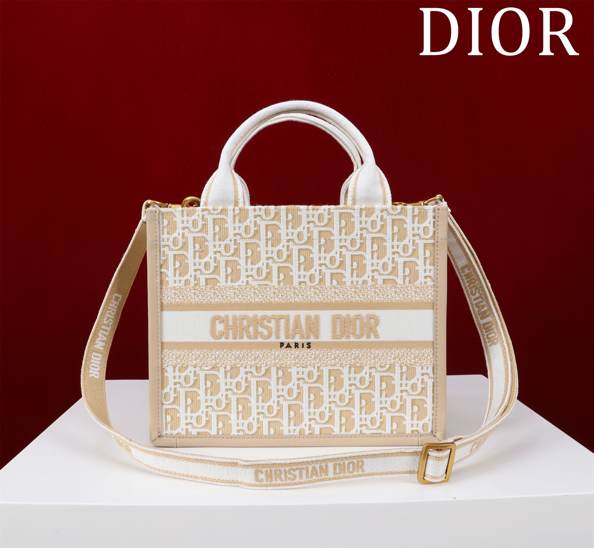 Bagsaaa Small D10r Book Tote Natural D10r Oblique Embroidery and Calfskin - 26.5 x 22 x 14 cm