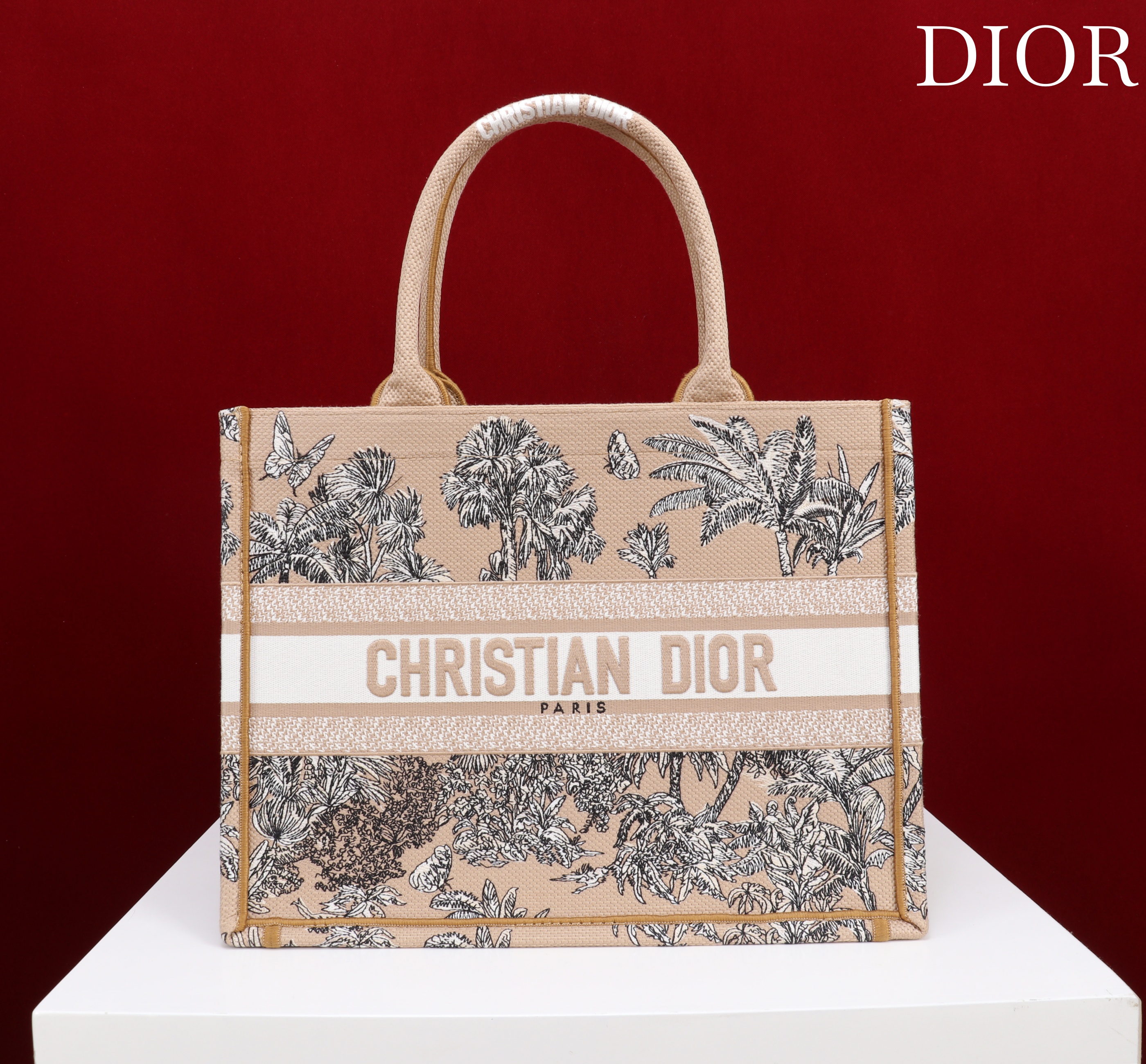 Bagsaaa D10riviera Medium D10r Book Tote Beige and White Toile de Jouy Palms Embroidery - 36cm