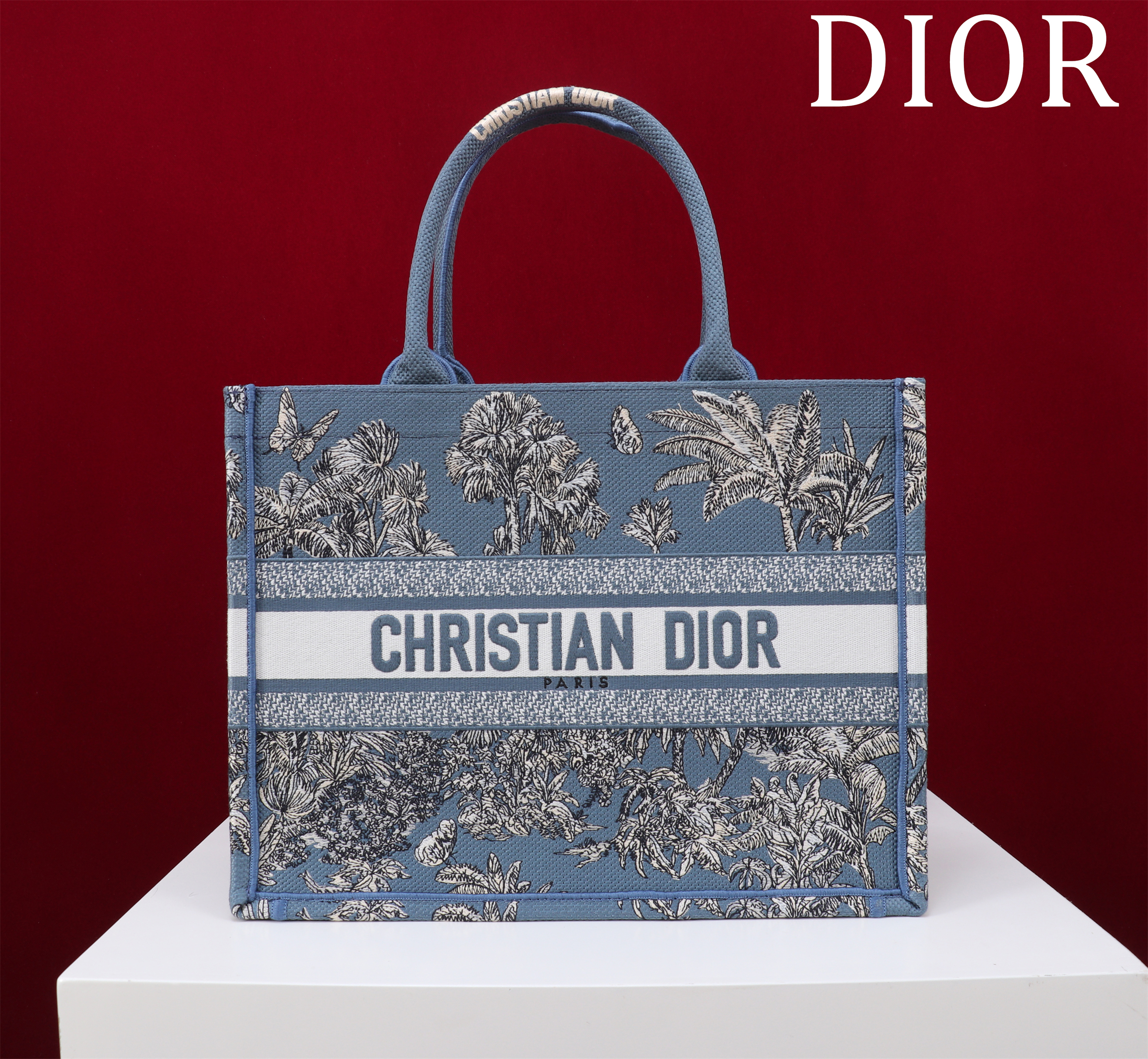 D10riviera Medium D10r Book Tote Celestial Blue and White Toile de Jouy Palms Embroidery - 36cm