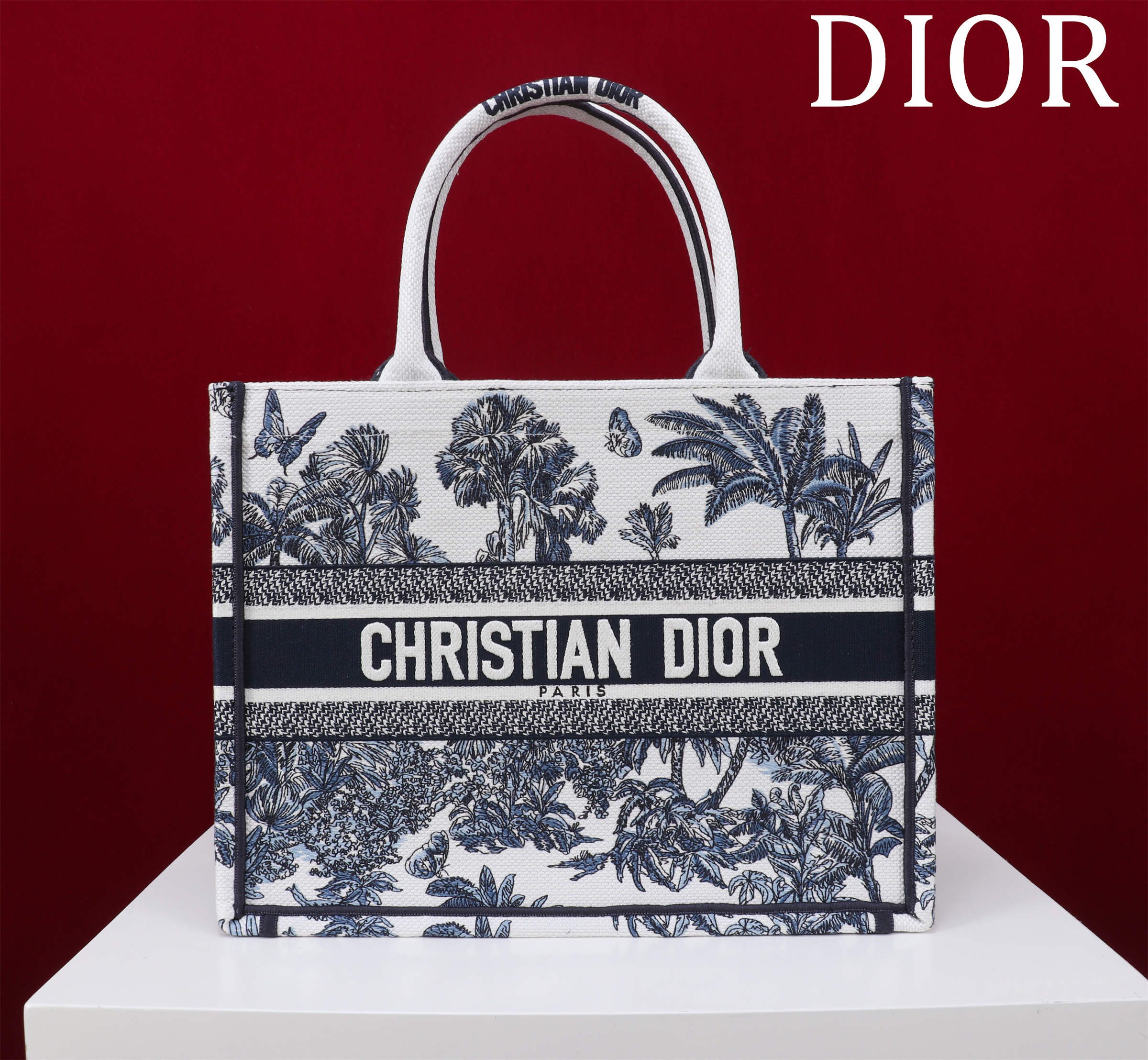 Bagsaaa D10riviera Medium D10r Book Tote White and Blue Toile de Jouy Palms Embroidery - 36xm