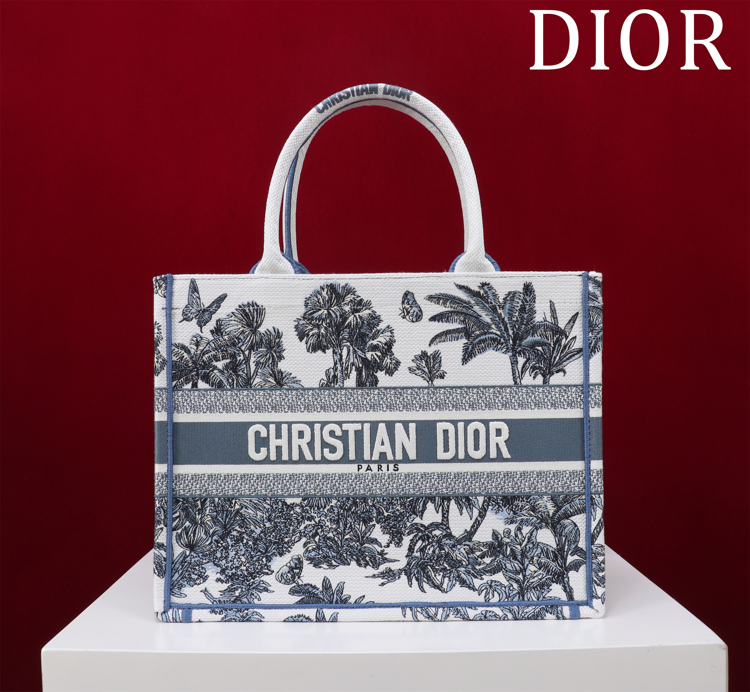 Bagsaaa D10riviera Medium D10r Book Tote White and Azure Blue Toile de Jouy Palms Embroidery - 36cm
