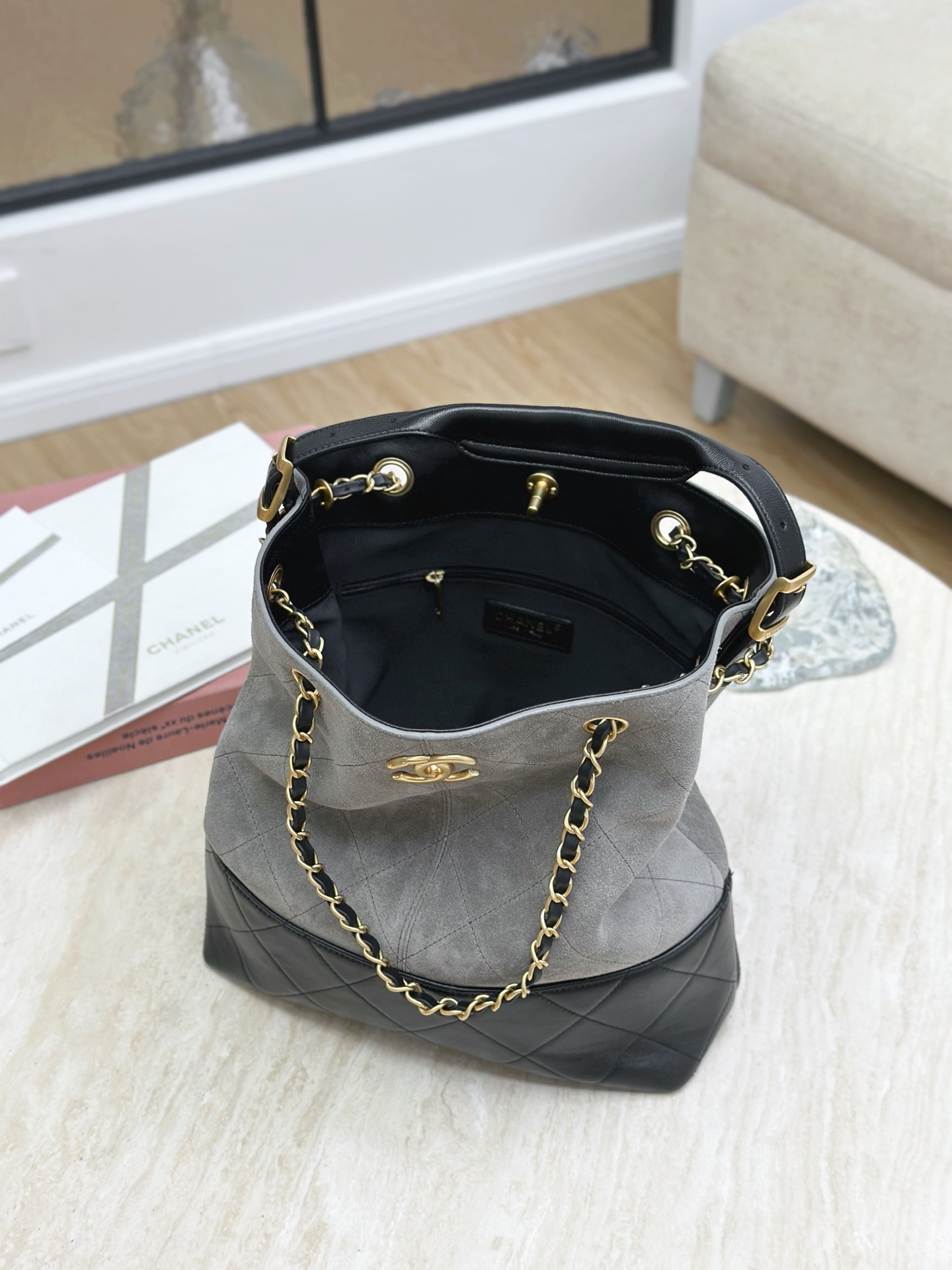 Bagsaaa Ch**el Shopping Bag AS5636 Gray & Black Suede - 33cm