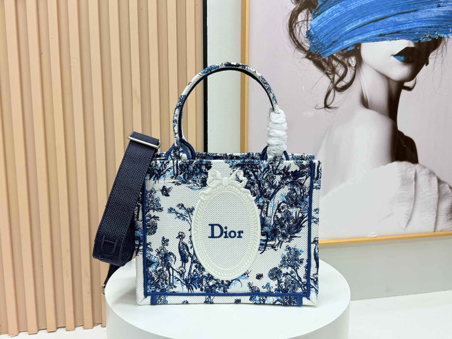Bagsaaa New Collection 2026 Small D10r Book Tote with Strap Blue Floral Garden Embroidery 26.5 cm