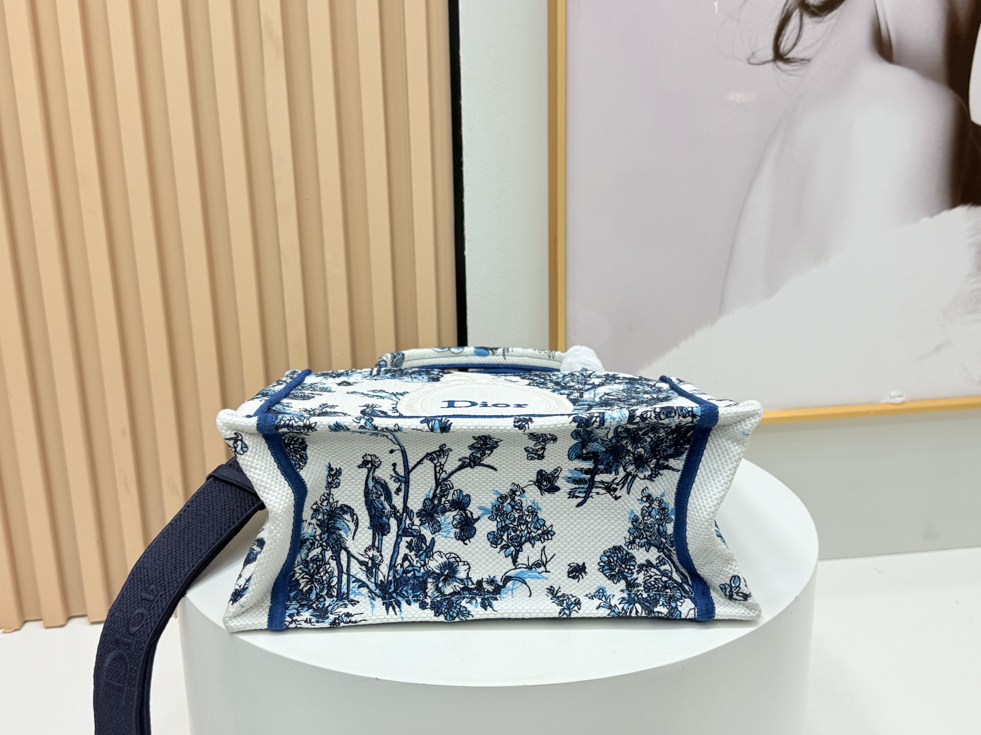Bagsaaa New Collection 2026 Small D10r Book Tote with Strap Blue Floral Garden Embroidery 26.5 cm