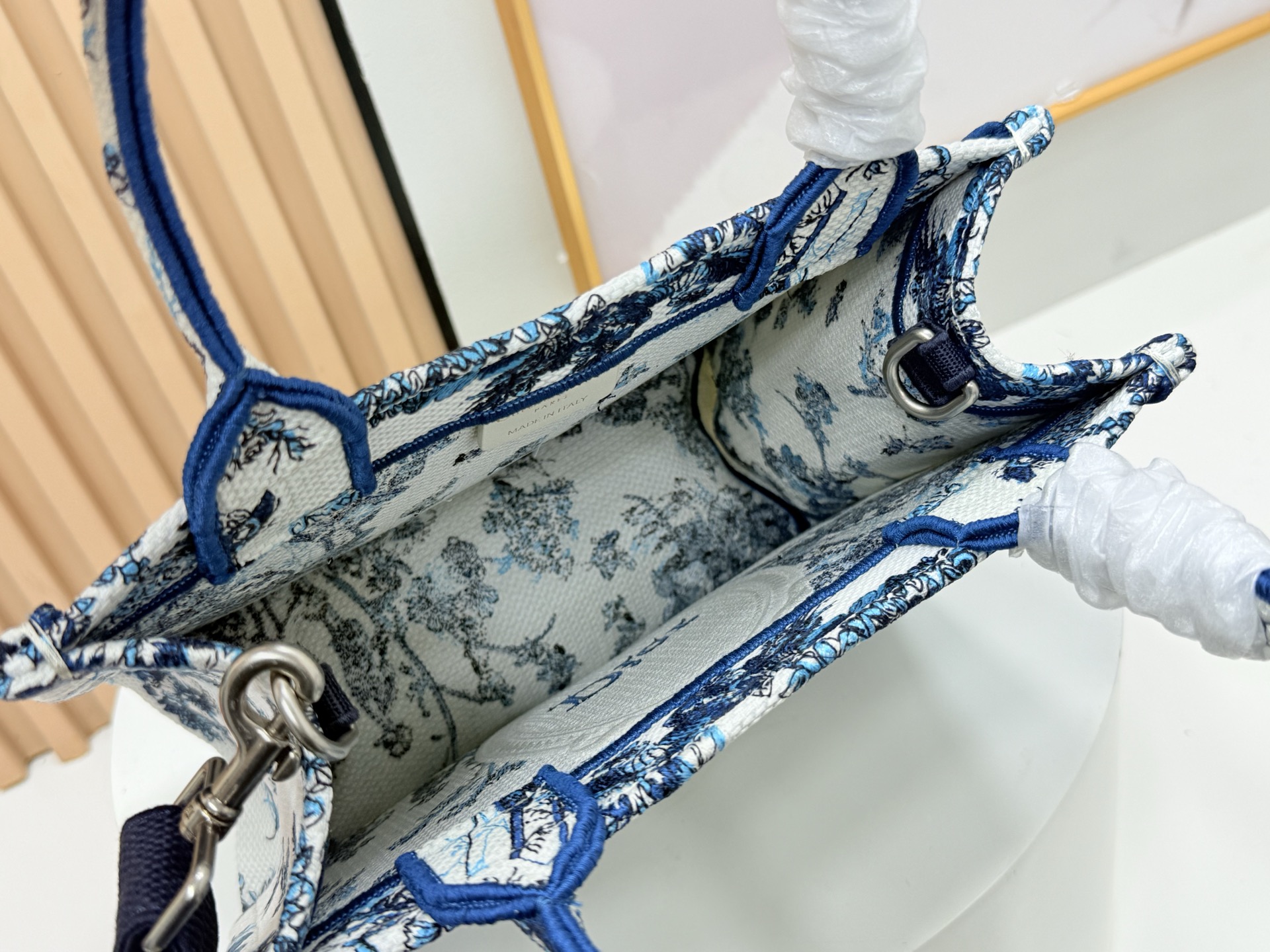 Bagsaaa New Collection 2026 Small D10r Book Tote with Strap Blue Floral Garden Embroidery 26.5 cm