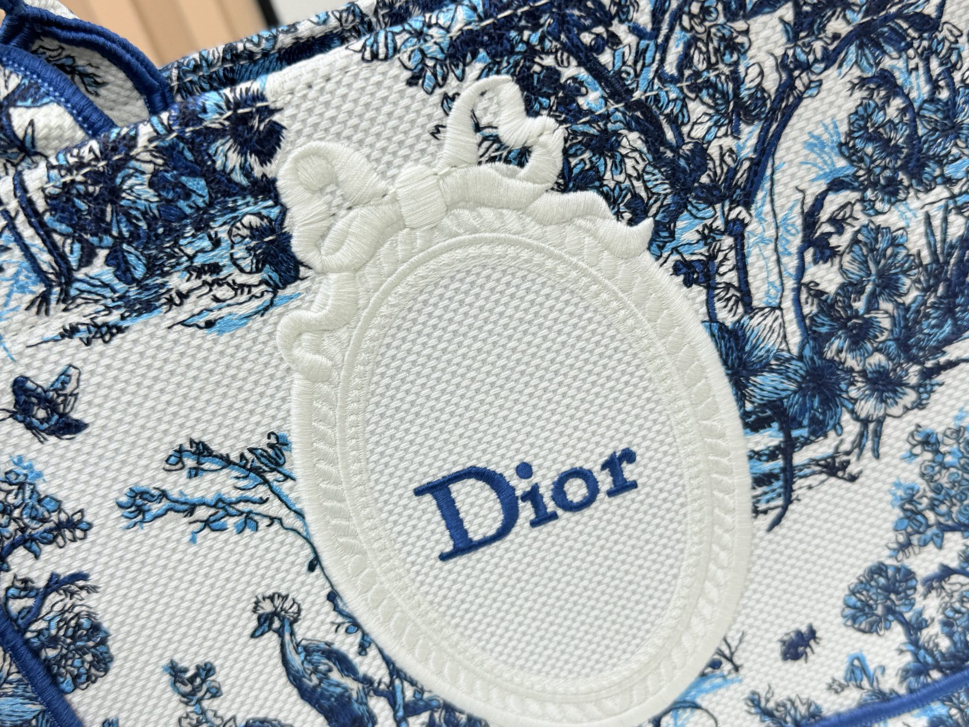 Bagsaaa New Collection 2026 Small D10r Book Tote with Strap Blue Floral Garden Embroidery 26.5 cm