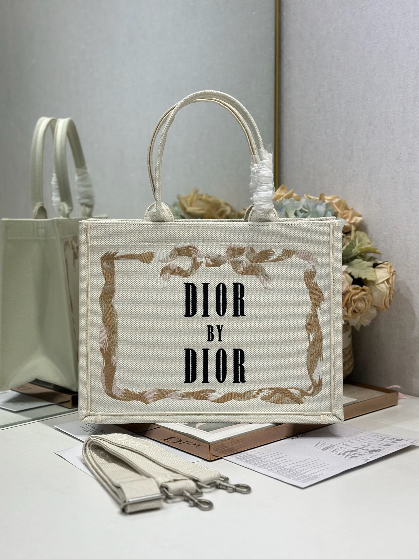 Bagsaaa Medium D10r Book Tote with Strap Beige, Pink and Black Book Cover Embroidery - 36cm
