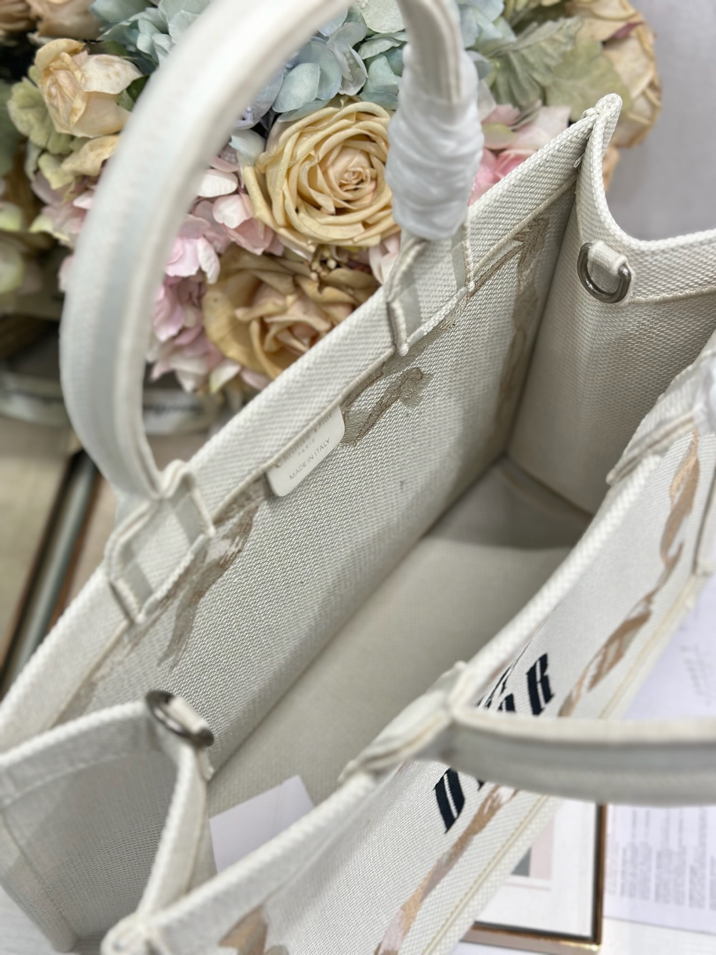 Bagsaaa Medium D10r Book Tote with Strap Beige, Pink and Black Book Cover Embroidery - 36cm