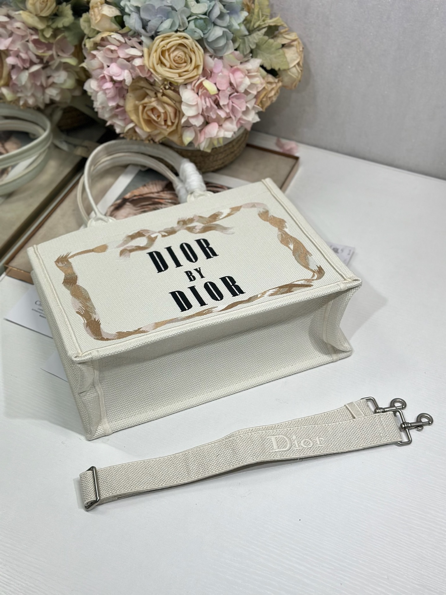 Bagsaaa Medium D10r Book Tote with Strap Beige, Pink and Black Book Cover Embroidery - 36cm
