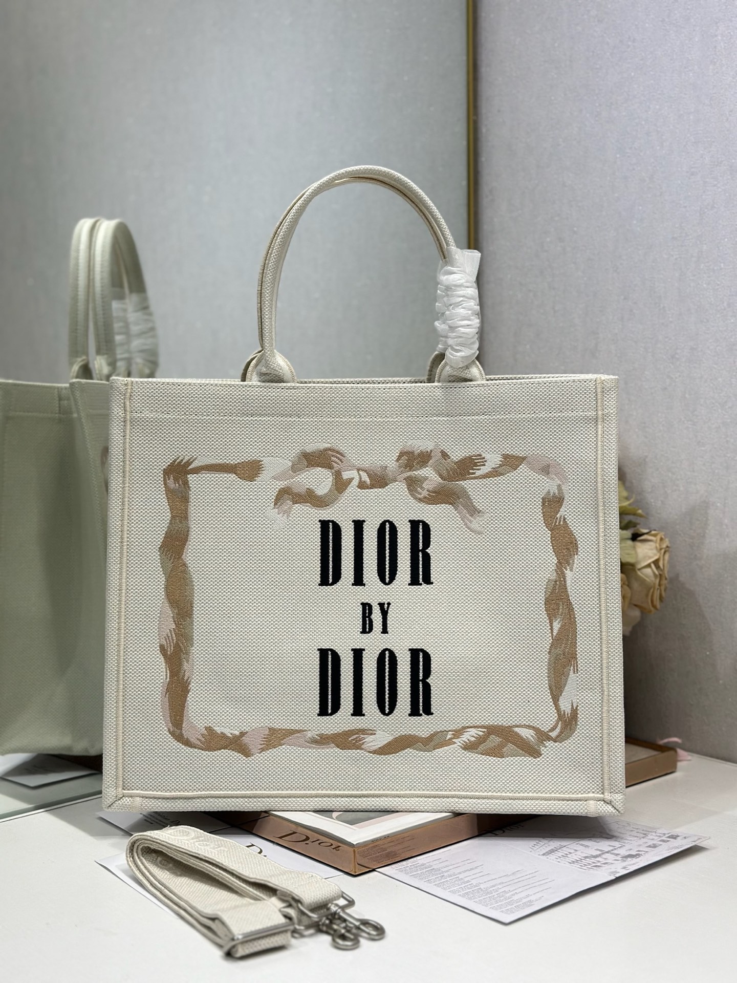 Bagsaaa Large D10r Book Tote Beige, Pink and Black Book Cover Embroidery - 42cm