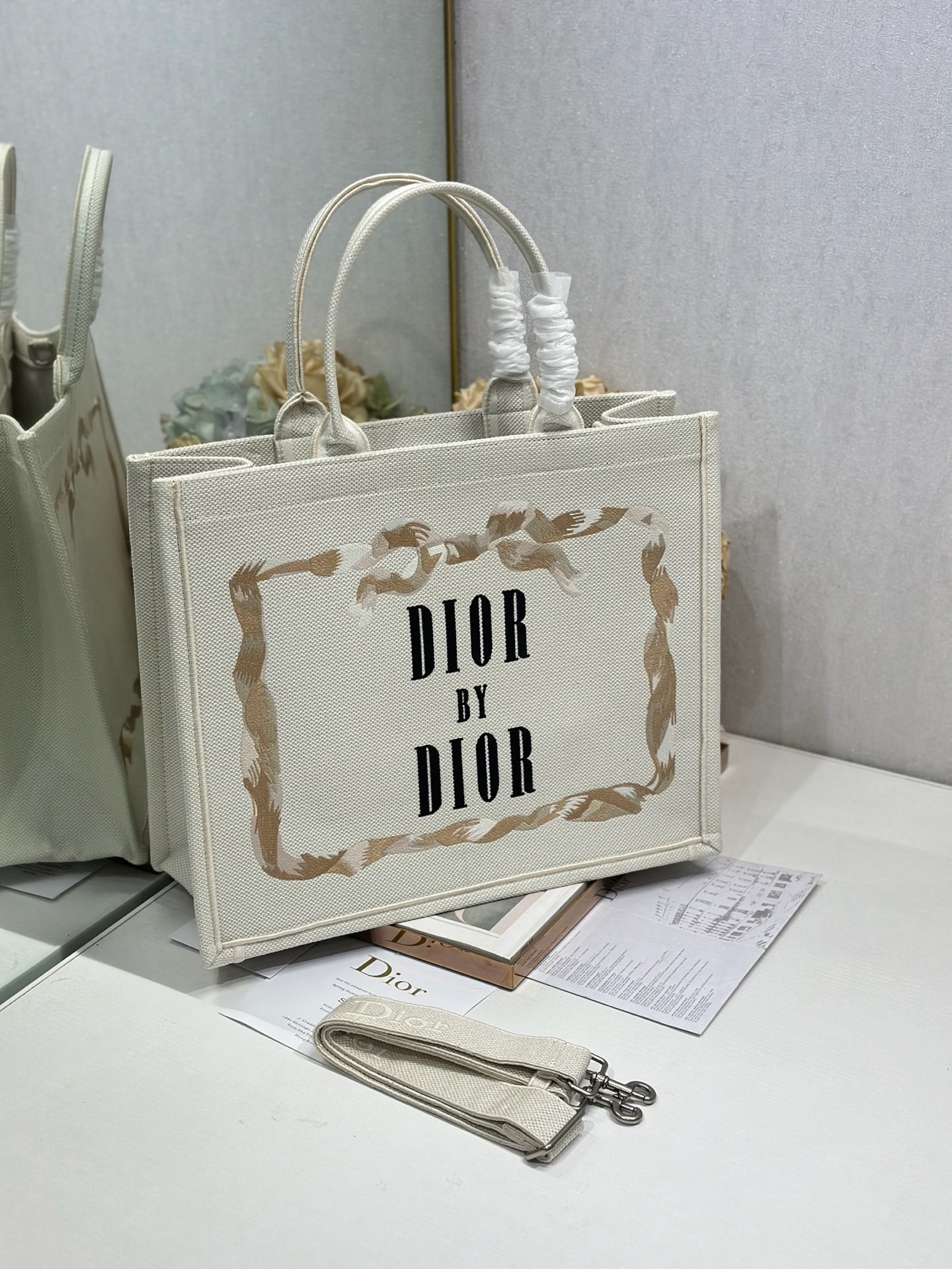 Bagsaaa Large D10r Book Tote Beige, Pink and Black Book Cover Embroidery - 42cm