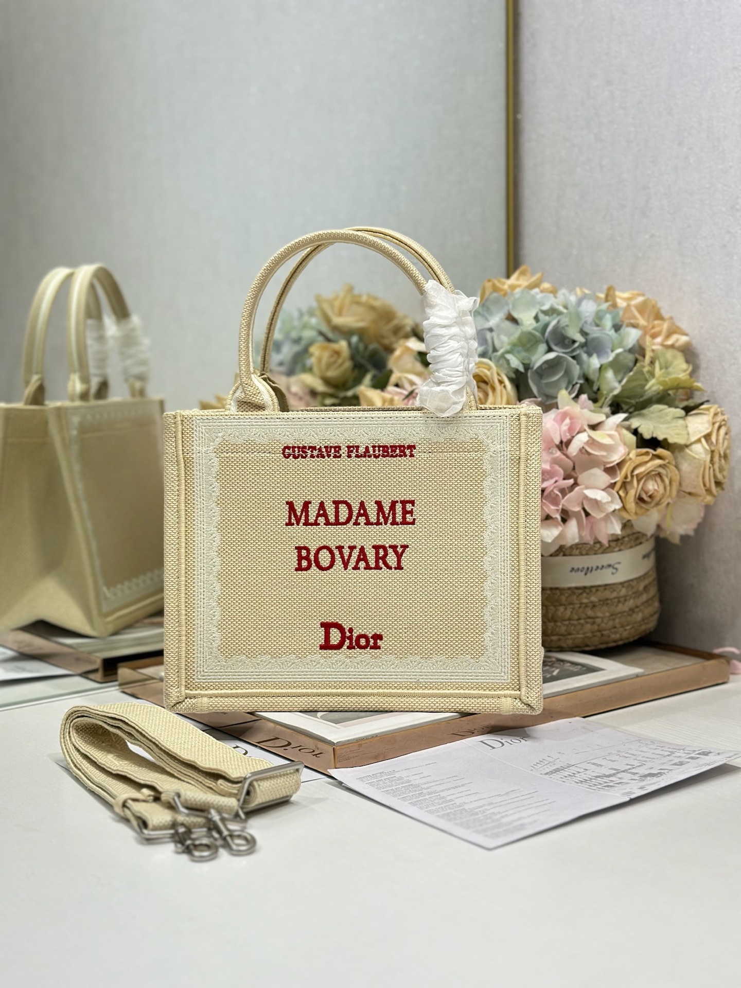 Bagsaaa Small D10r Book Tote with Strap Beige and Red Book Cover Embroidery - 26.5 cn