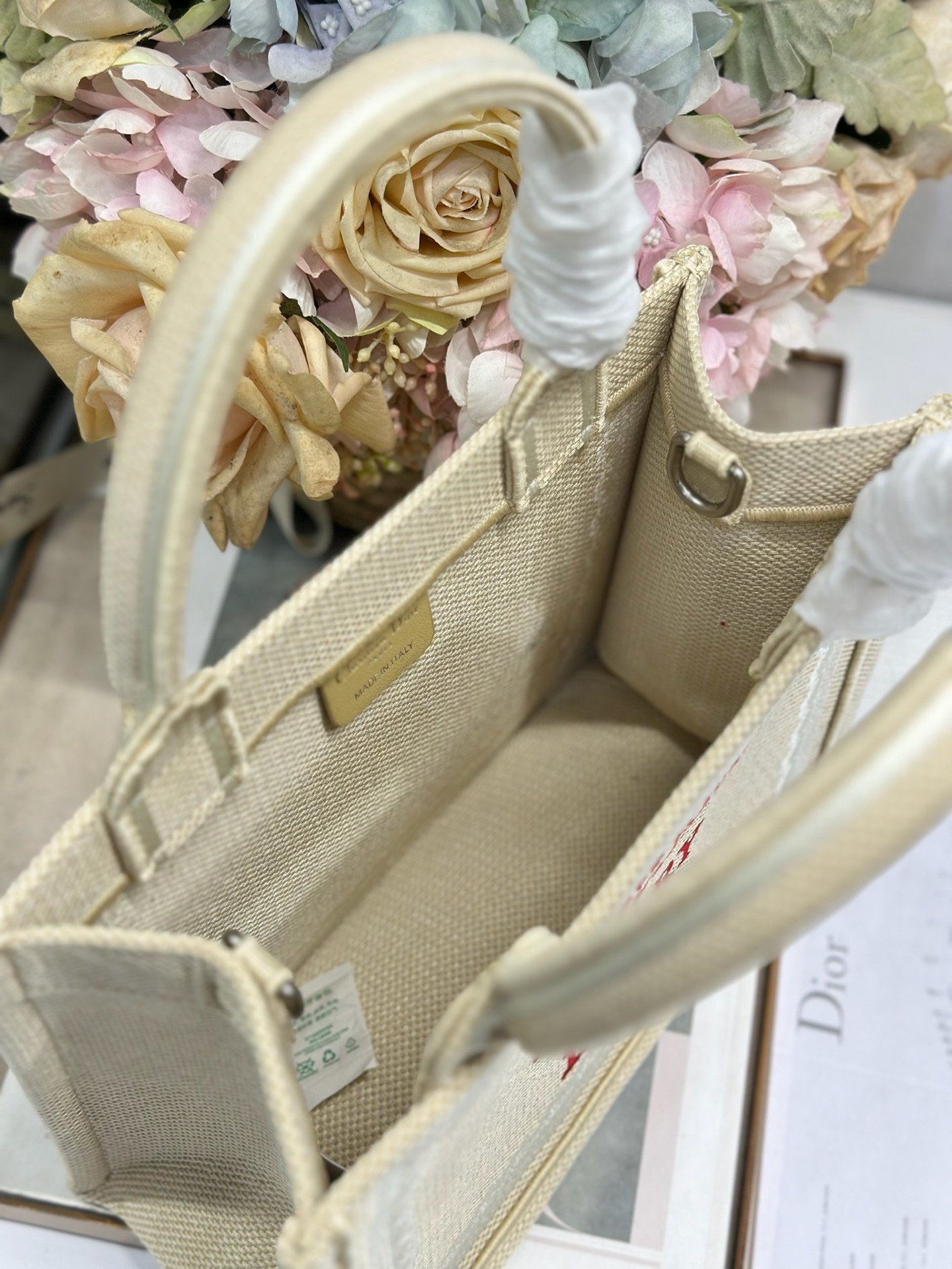 Bagsaaa Small D10r Book Tote with Strap Beige and Red Book Cover Embroidery - 26.5 cn