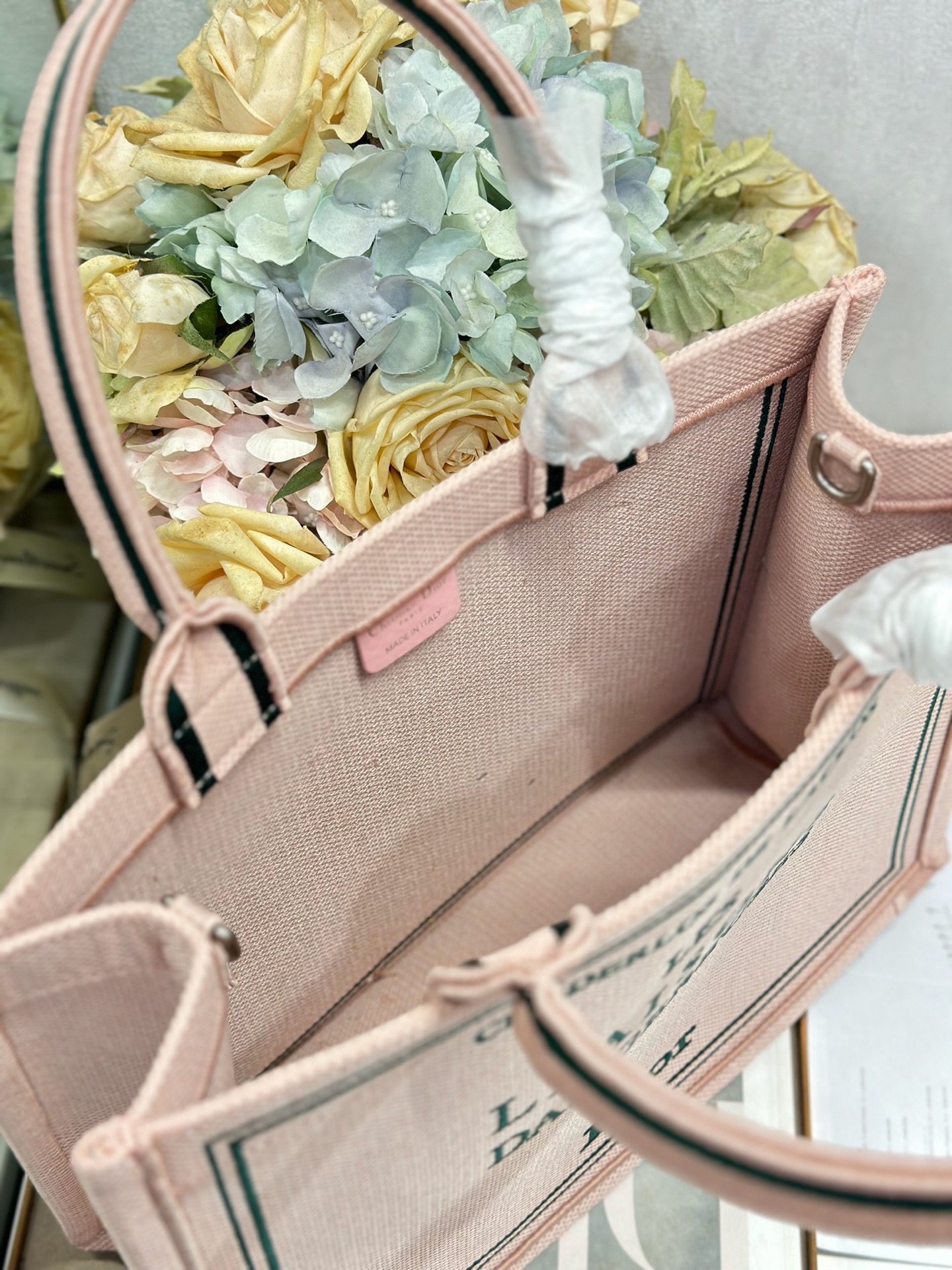 Bagsaaa Medium D10r Book Tote with Strap Pink and Green Book Cover Embroidery - 36cm