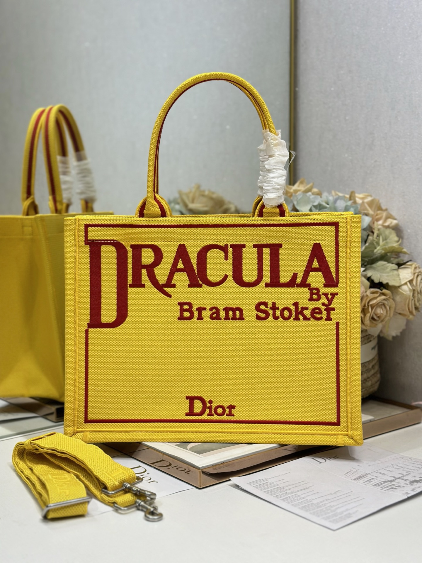 Bagsaaa Medium D10r Book Tote with Strap Yellow and Red Book Cover Embroidery - 36cm